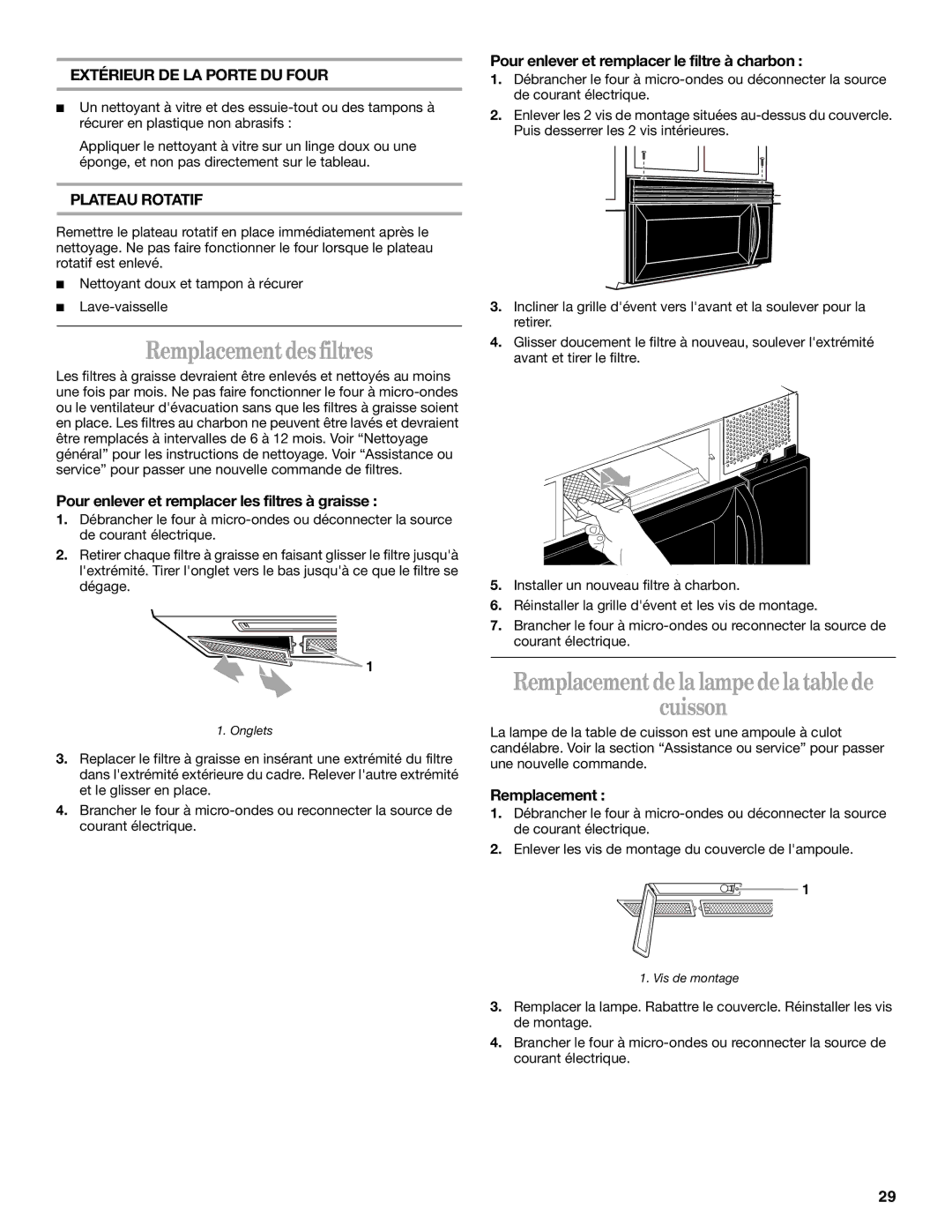 United Appliances YMH1150XM manual Remplacement des filtres, Remplacement de la lampe de la table de Cuisson 