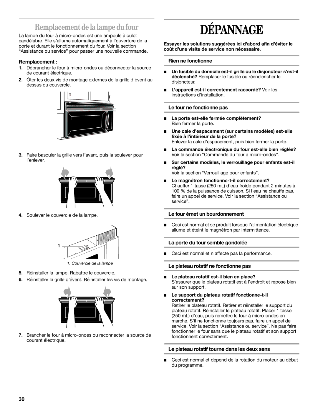 United Appliances YMH1150XM manual Dépannage, Remplacement de la lampe du four 