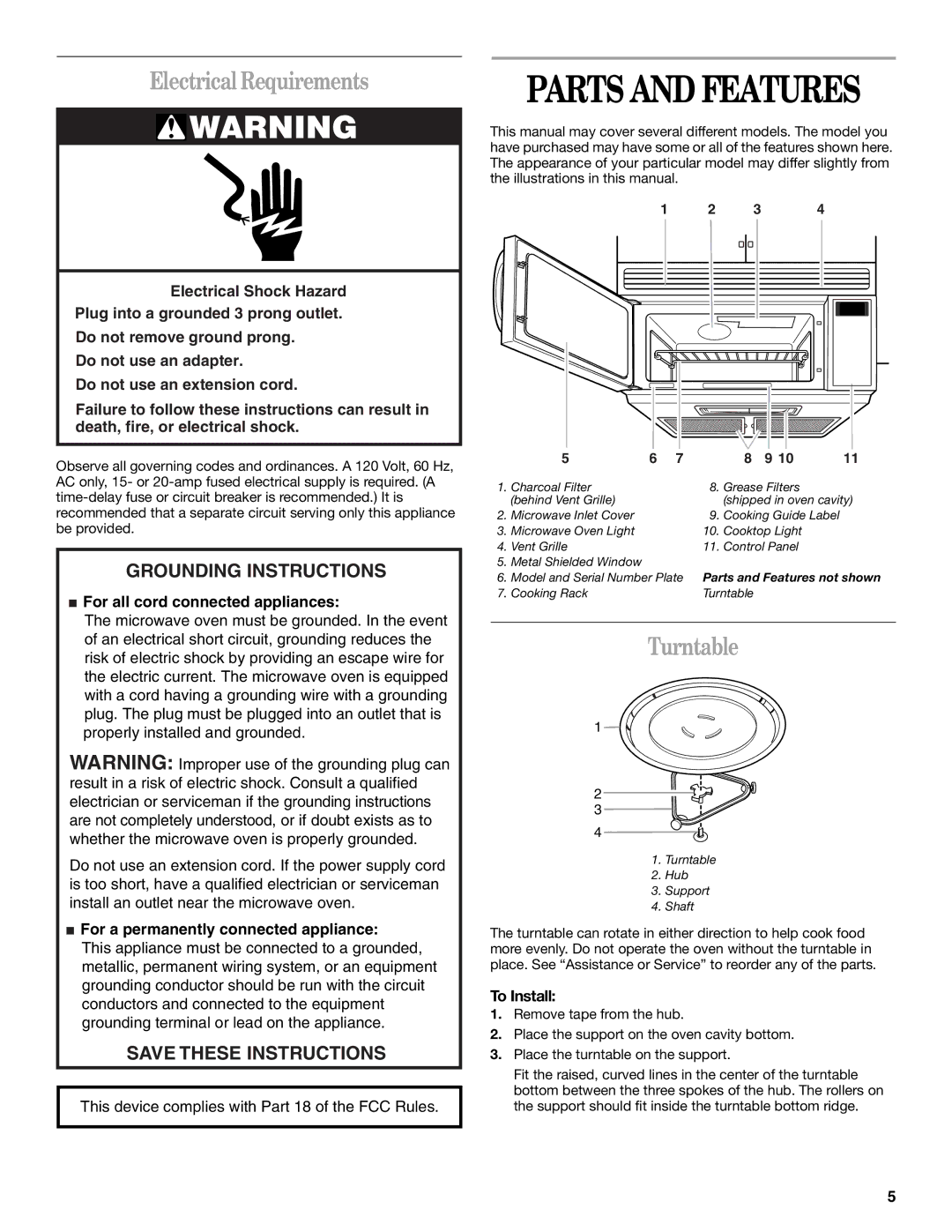 United Appliances YMH1150XM manual Parts and Features, Electrical Requirements, Turntable, To Install 