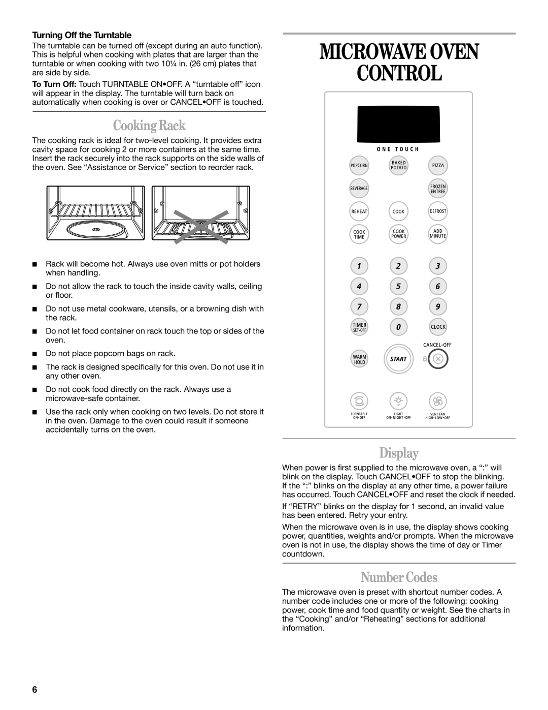 United Appliances YMH1150XM manual Microwave Oven Control, Cooking Rack, Display, Number Codes, Turning Off the Turntable 