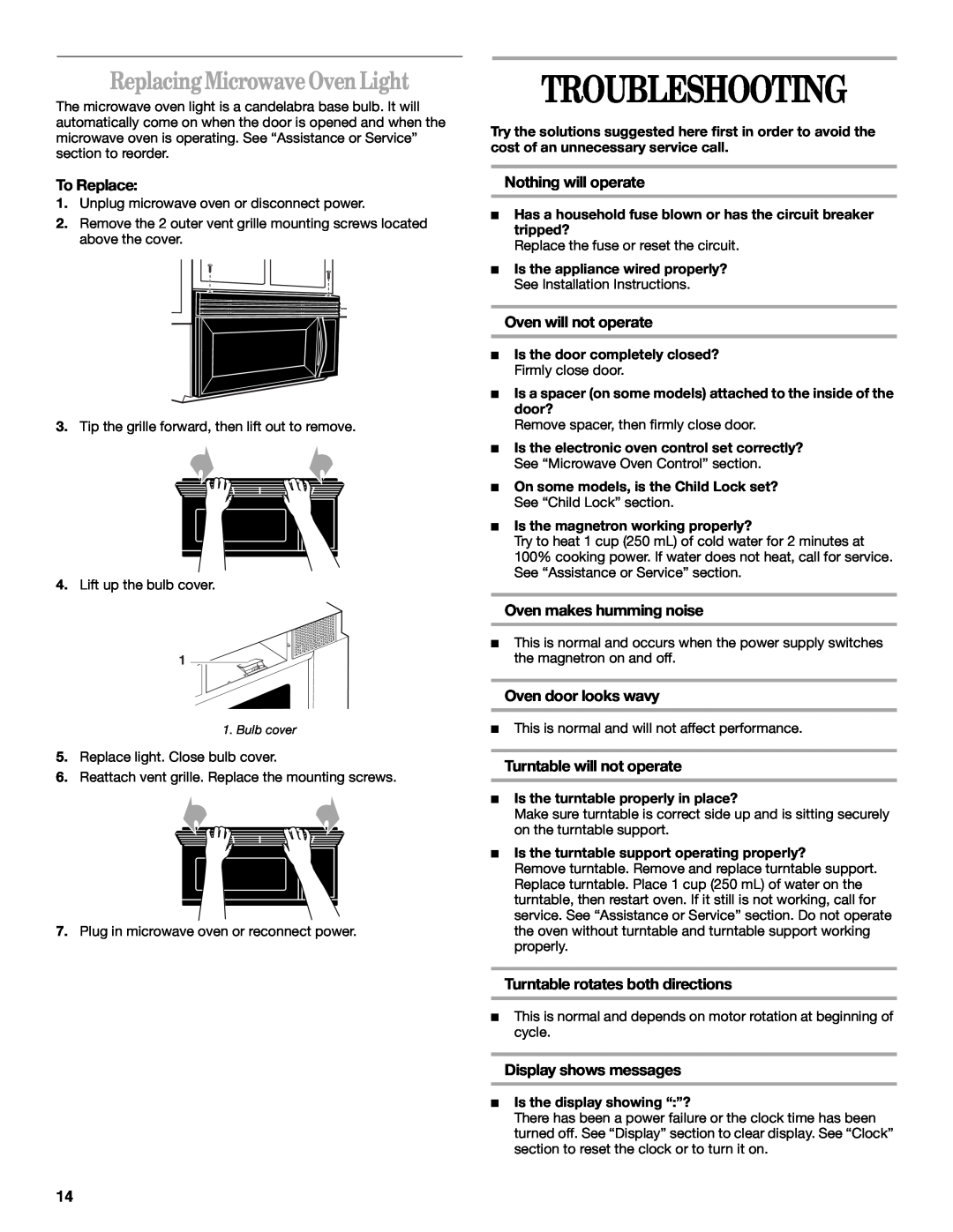 United Appliances YMH1150XM Troubleshooting, Replacing Microwave Oven Light, Nothing will operate, Oven will not operate 