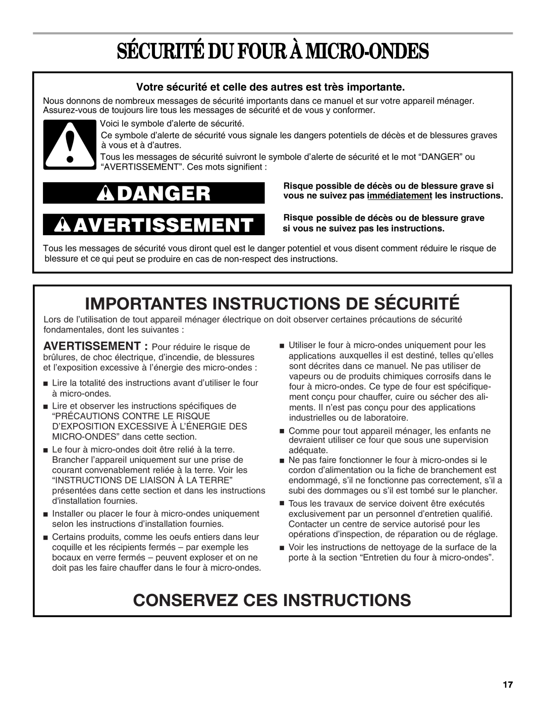 United Appliances YMH1150XM Sécurité Du Four À Micro-Ondes, Importantes Instructions De Sécurité, Danger, Avertissement 
