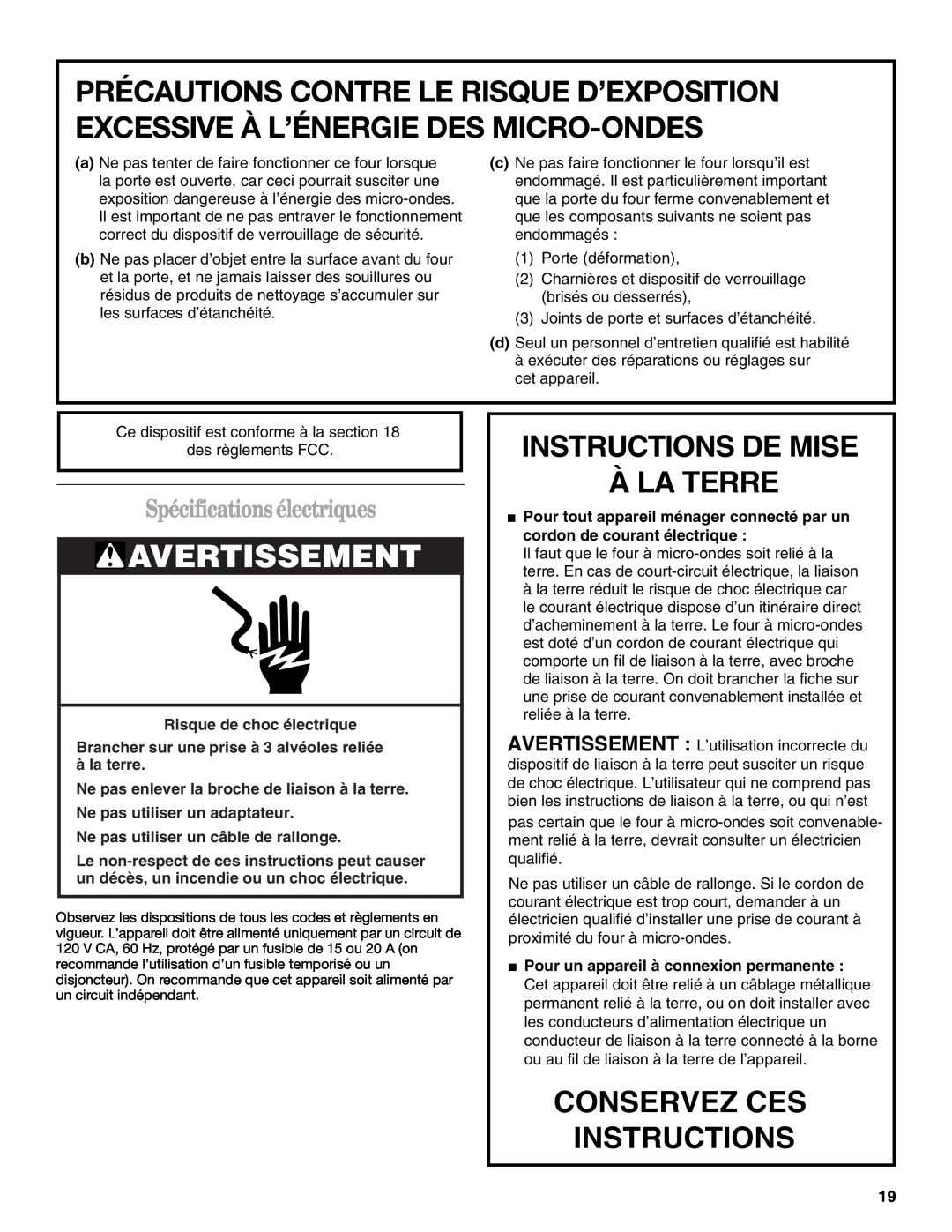 United Appliances YMH1150XM manual Avertissement, Instructions De Mise À La Terre, Conservez Ces Instructions 