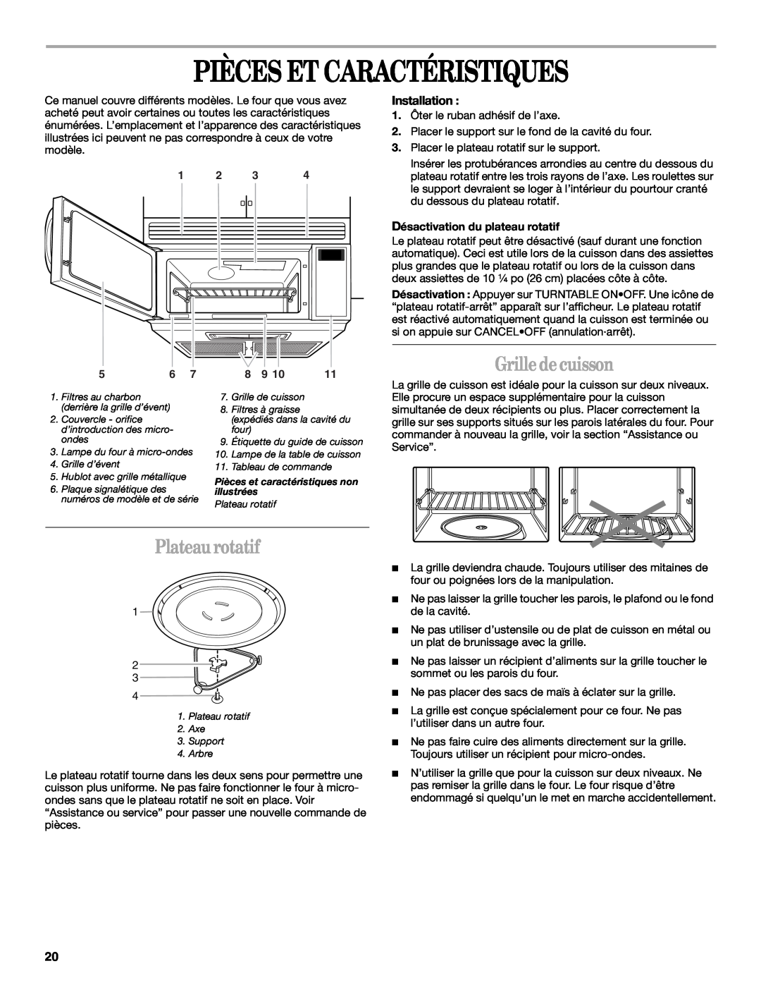 United Appliances YMH1150XM manual Pièces Et Caractéristiques, Grille de cuisson, Plateau rotatif, Installation 