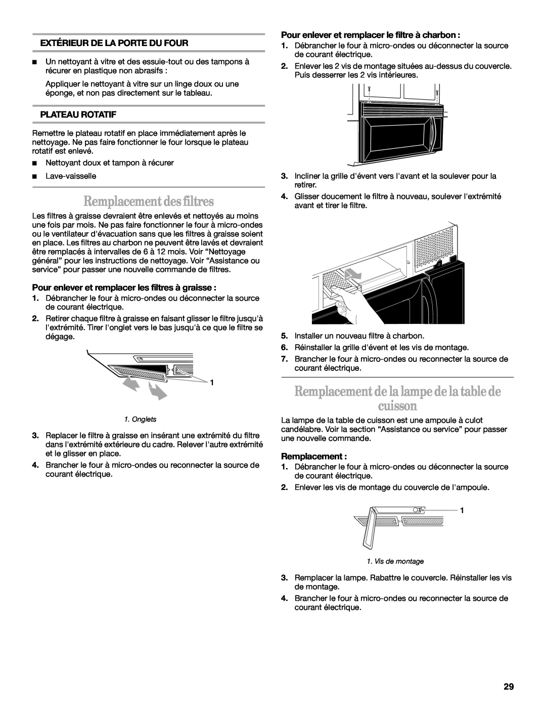 United Appliances YMH1150XM Remplacement des filtres, Remplacement de la lampe de la table de cuisson, Plateau Rotatif 