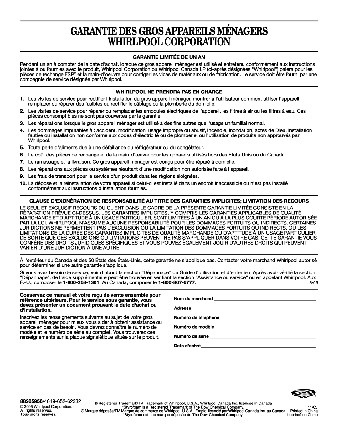 United Appliances YMH1150XM manual Garantie Des Gros Appareils Ménagers Whirlpool Corporation, Garantie Limitée De Un An 