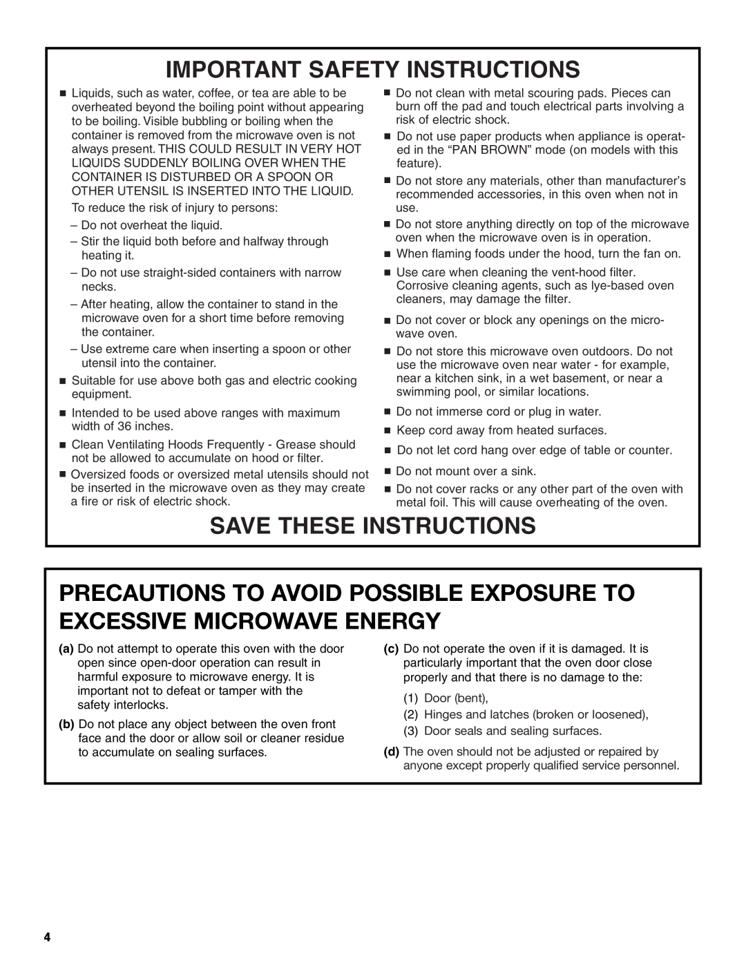 United Appliances YMH1150XM Precautions To Avoid Possible Exposure To Excessive Microwave Energy, Save These Instructions 