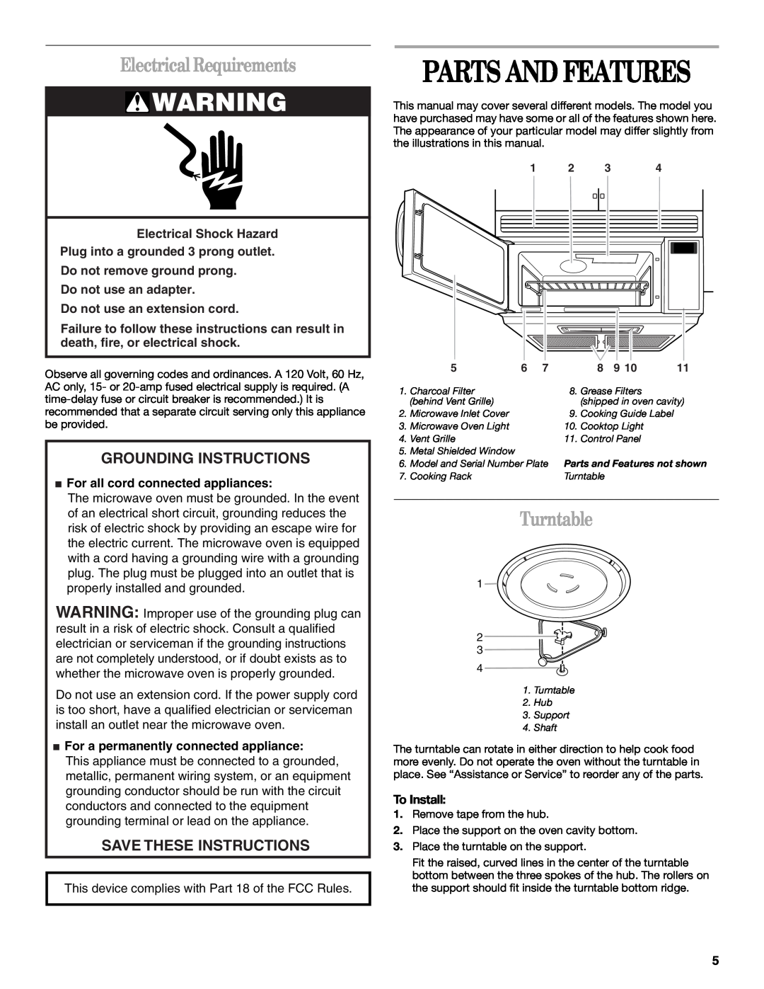 United Appliances YMH1150XM Parts And Features, Electrical Requirements, Turntable, Grounding Instructions, To Install 