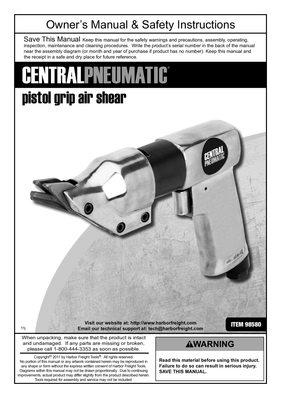 United States Pumice Company 98580 manual Pistol grip air shear, Email our technical support at tech@harborfreight.com 