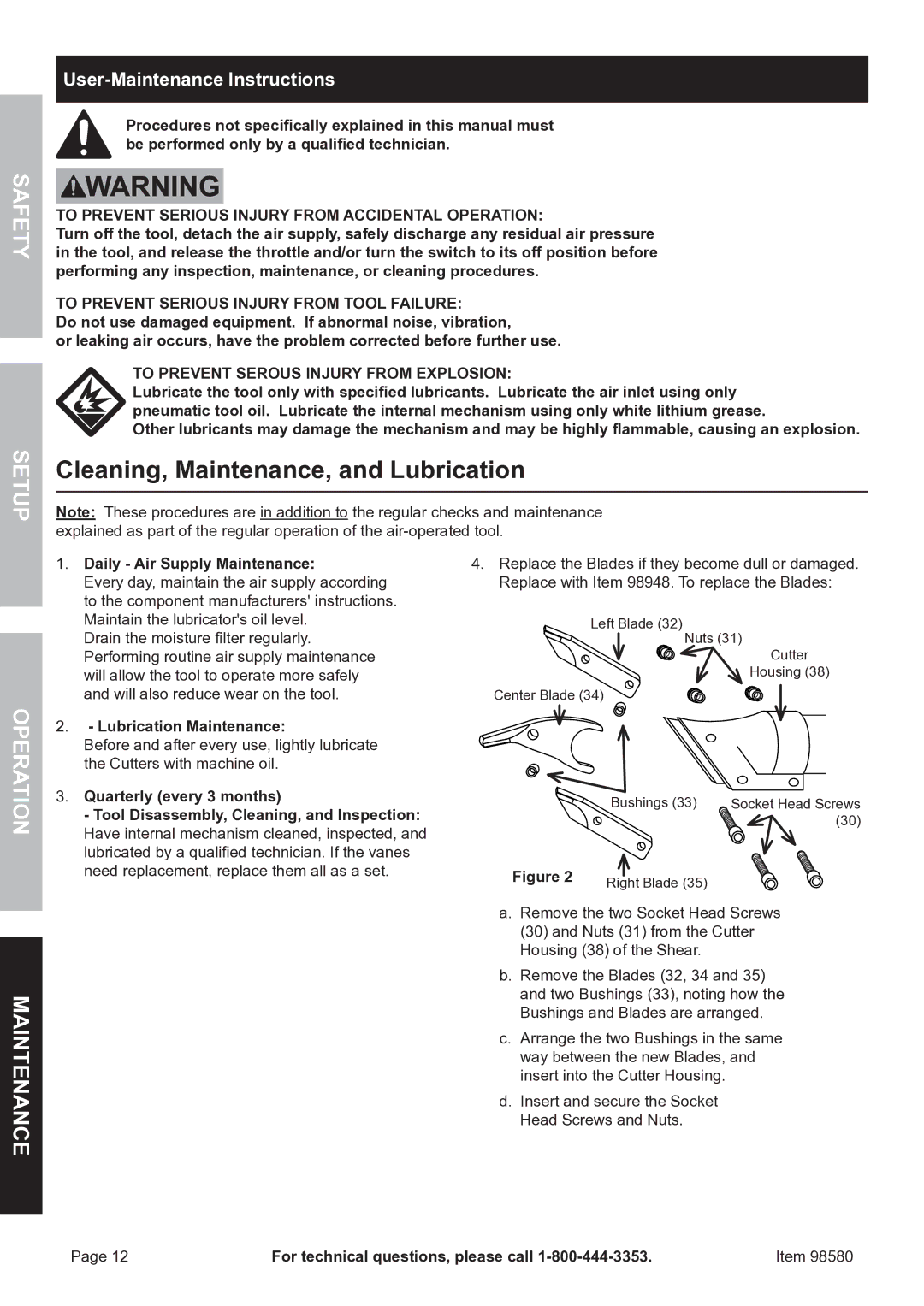 United States Pumice Company 98580 Cleaning, Maintenance, and Lubrication, TyfeSa EtupS, Daily Air Supply Maintenance 