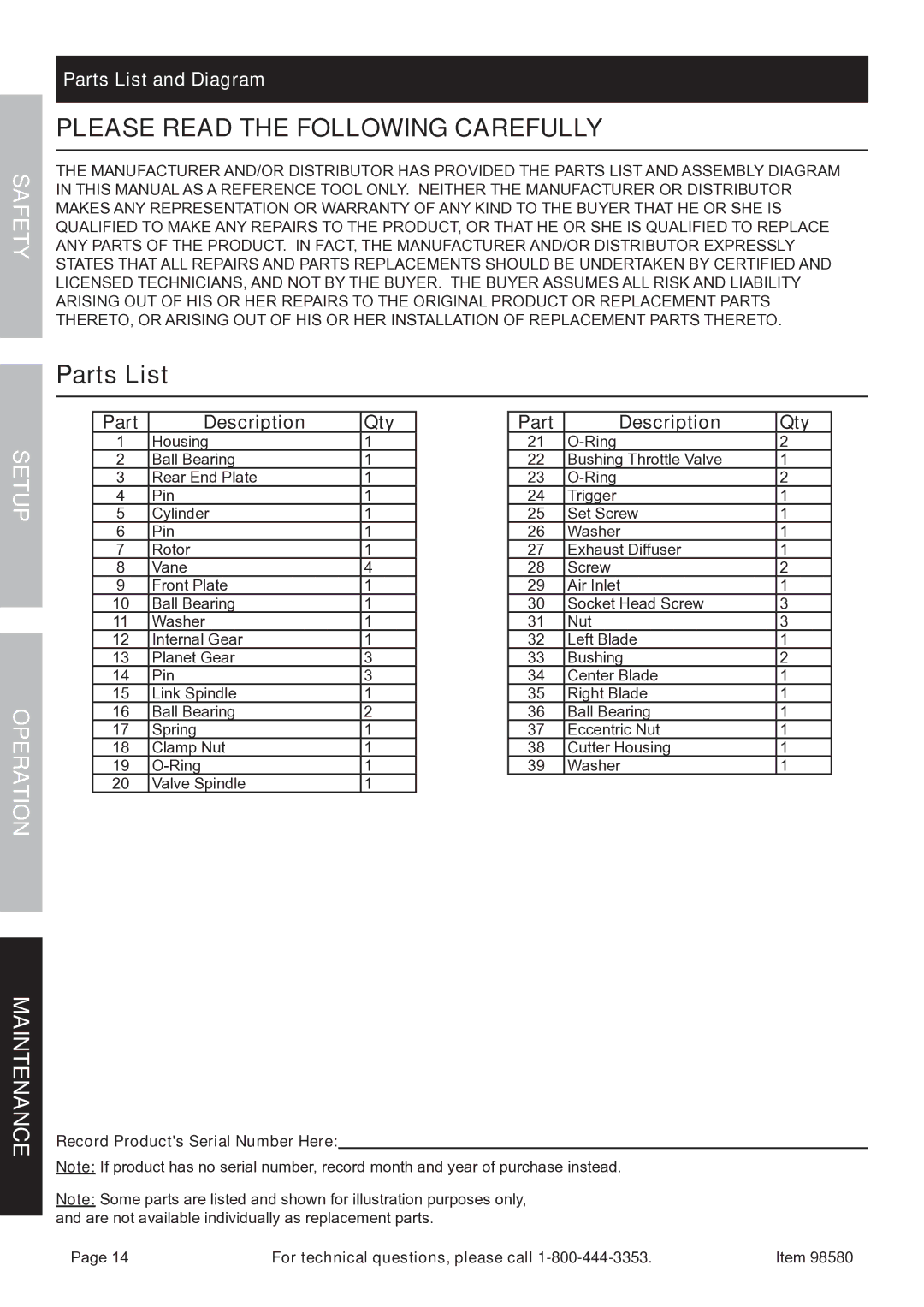 United States Pumice Company 98580 manual Please Read the Following Carefully, Parts List 