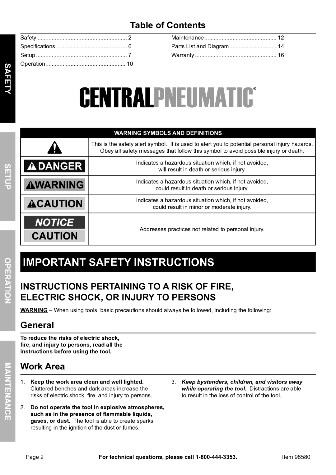 United States Pumice Company 98580 manual Table of Contents, Work Area 