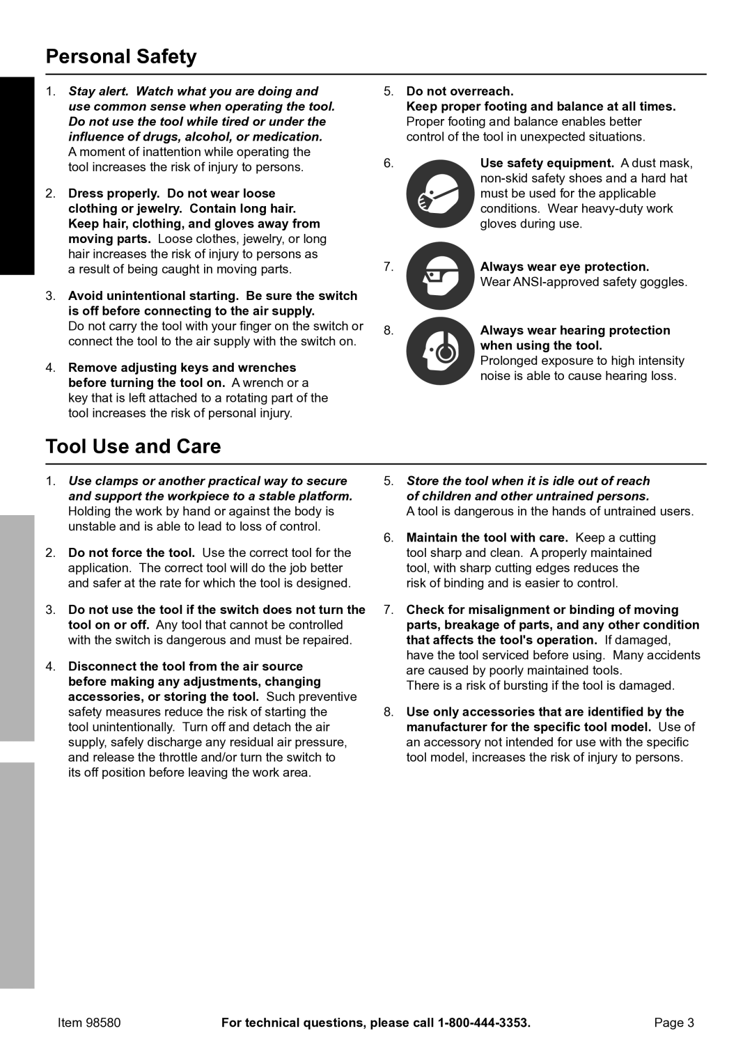 United States Pumice Company 98580 manual Personal Safety, Tool Use and Care, Safety Setup, Operation Maintenance 