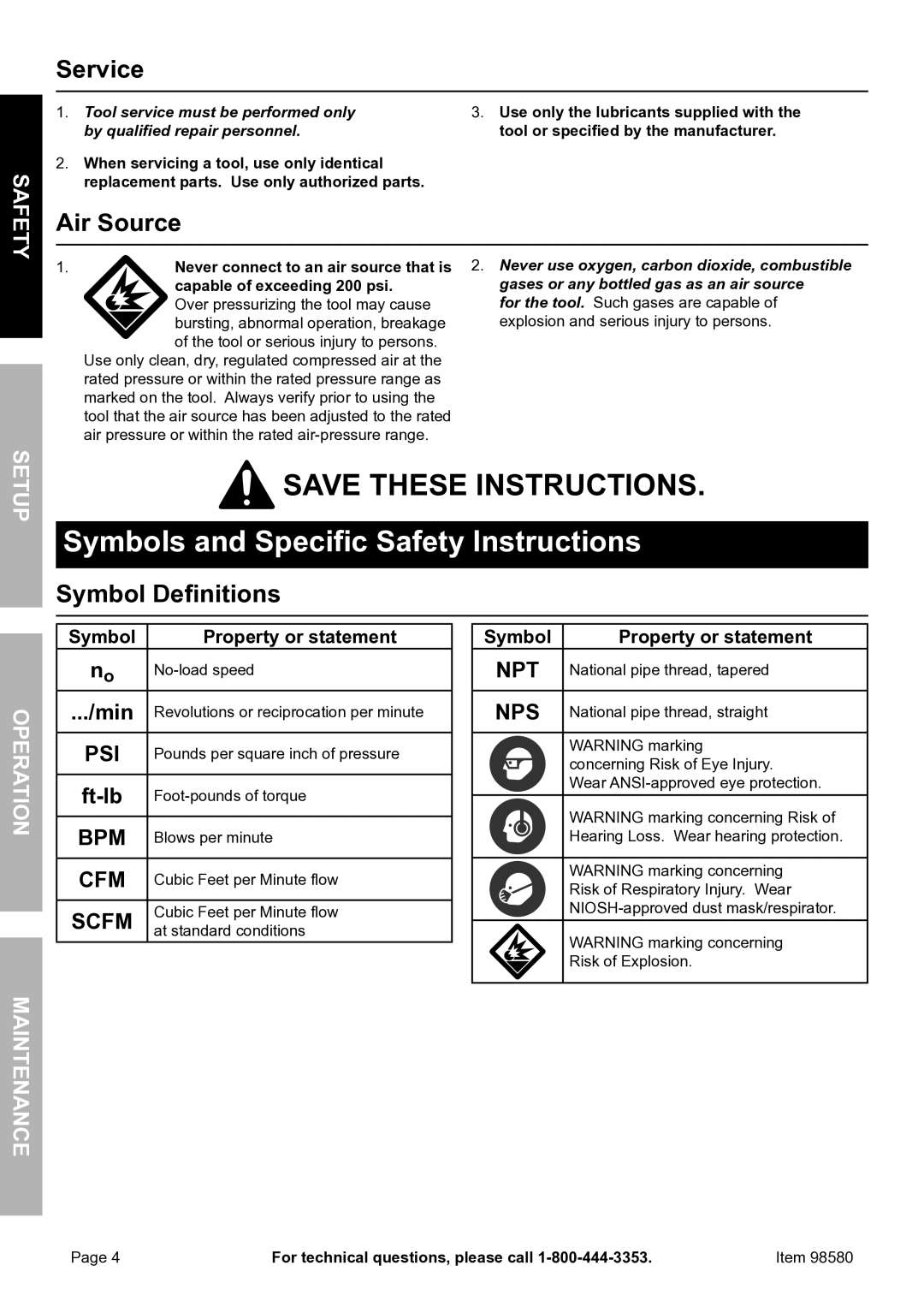 United States Pumice Company 98580 manual Service, Air Source, Symbol Definitions, TyfeSa, AtierOp Nanc Maint 