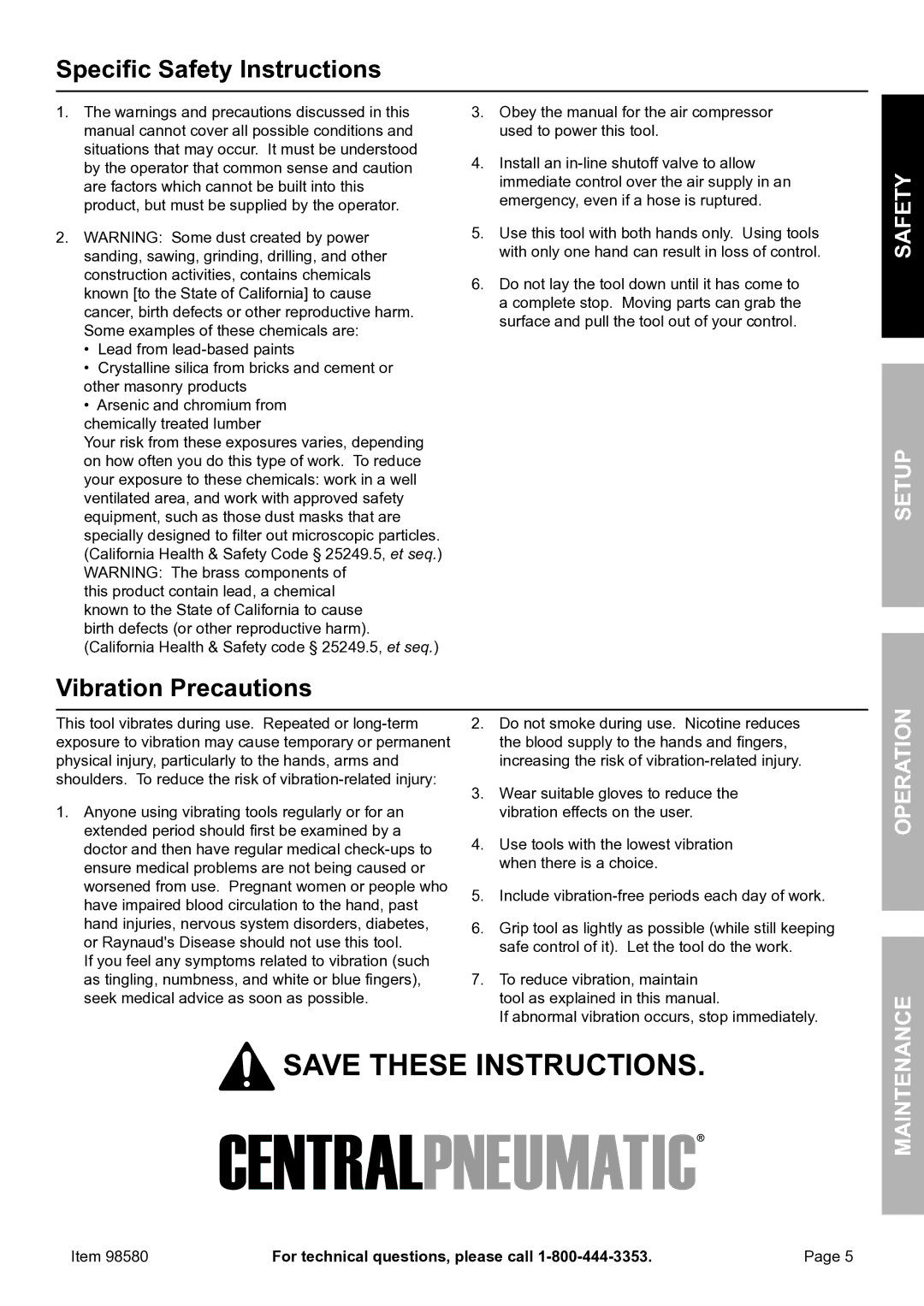 United States Pumice Company 98580 manual Specific Safety Instructions, Vibration Precautions, Operation 