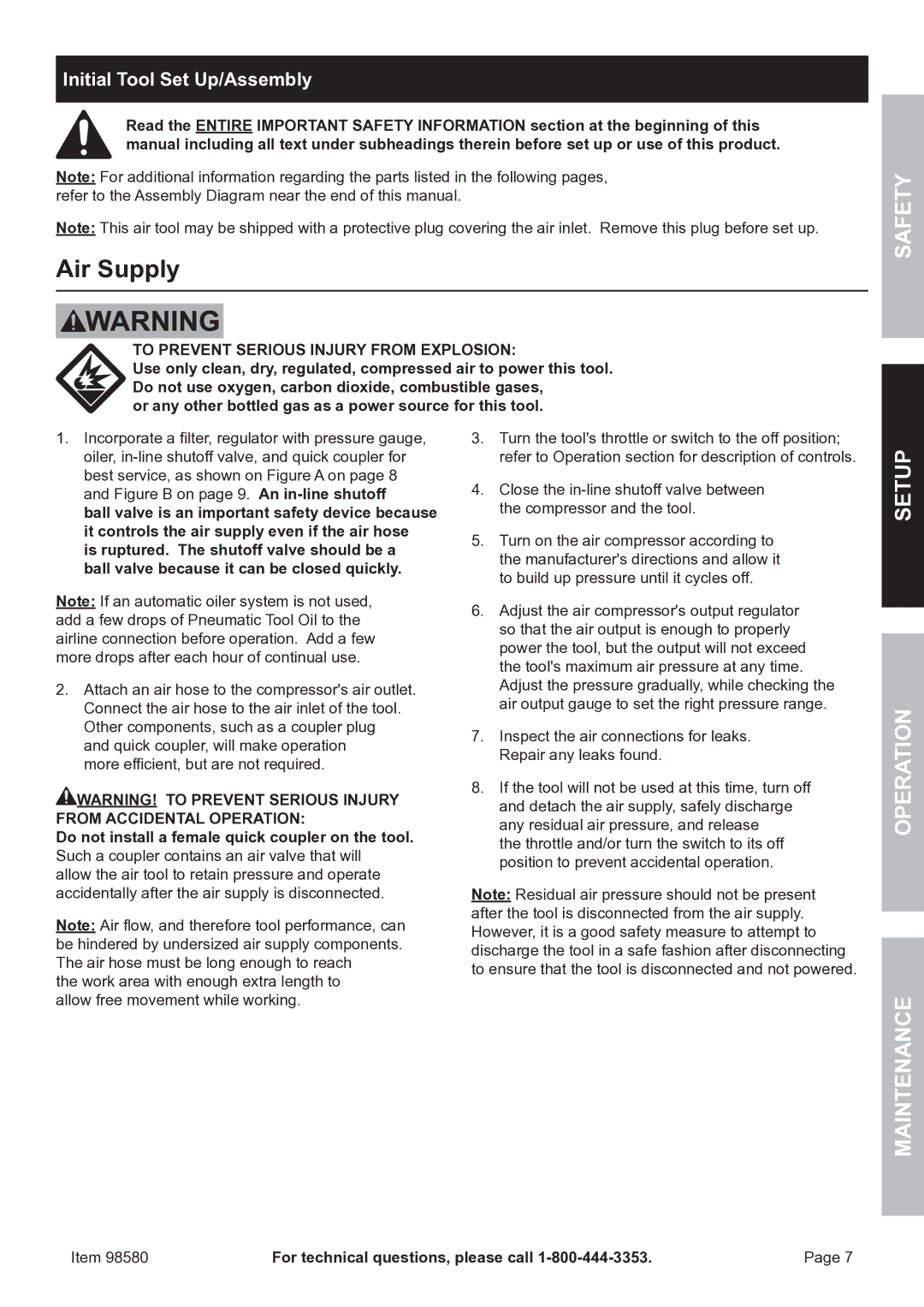 United States Pumice Company 98580 manual Air Supply, Safety, Setup Operation Maintenance 