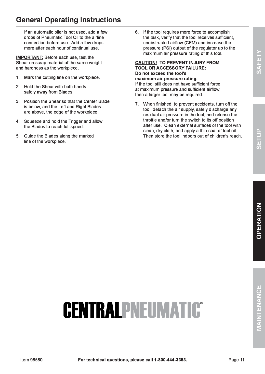 United States Pumice Company 98580 manual General Operating Instructions, Safety Setup Operation Maintenance 