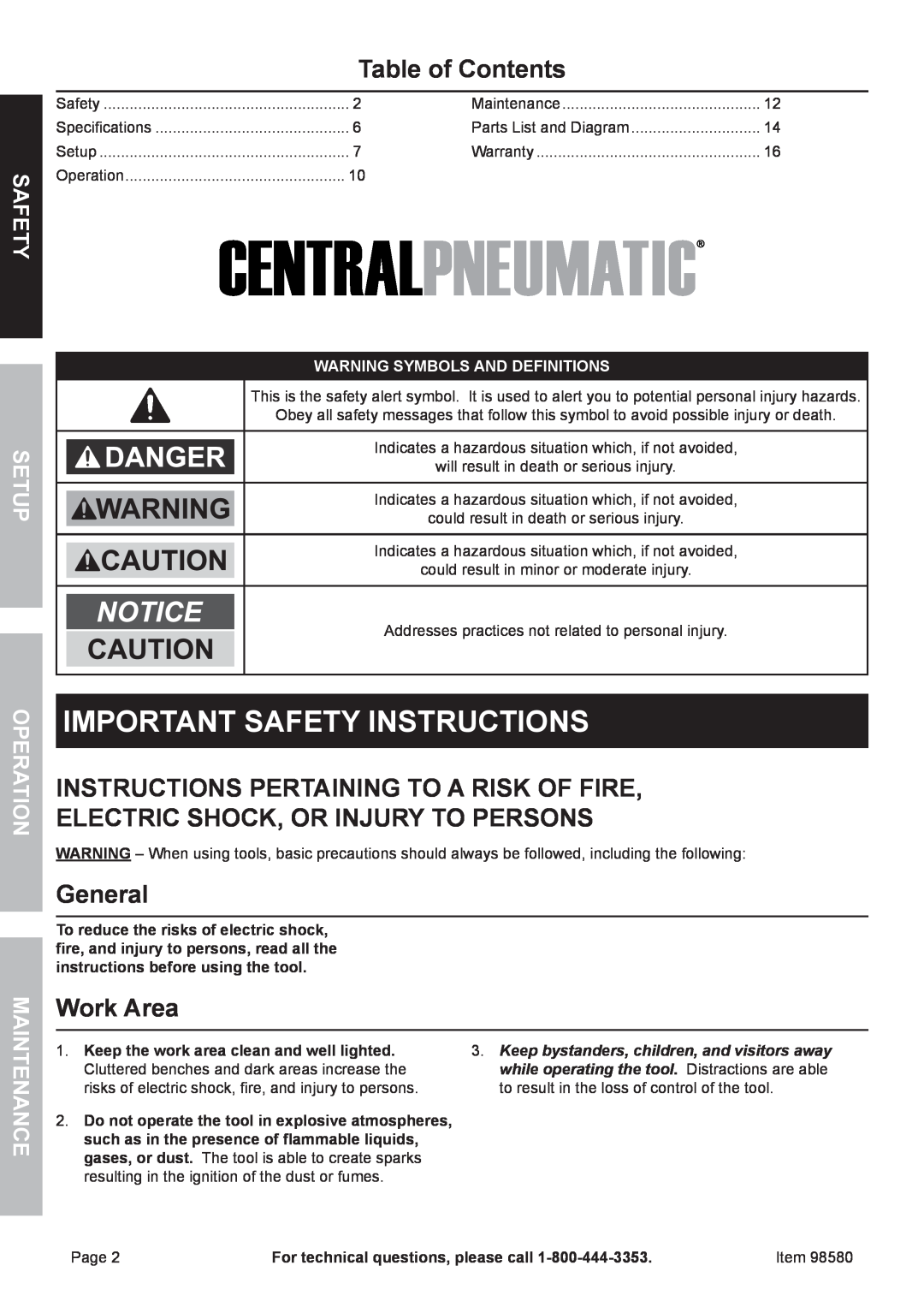 United States Pumice Company 98580 manual Table of Contents, Instructions Pertaining to a Risk of Fire, General, Work Area 