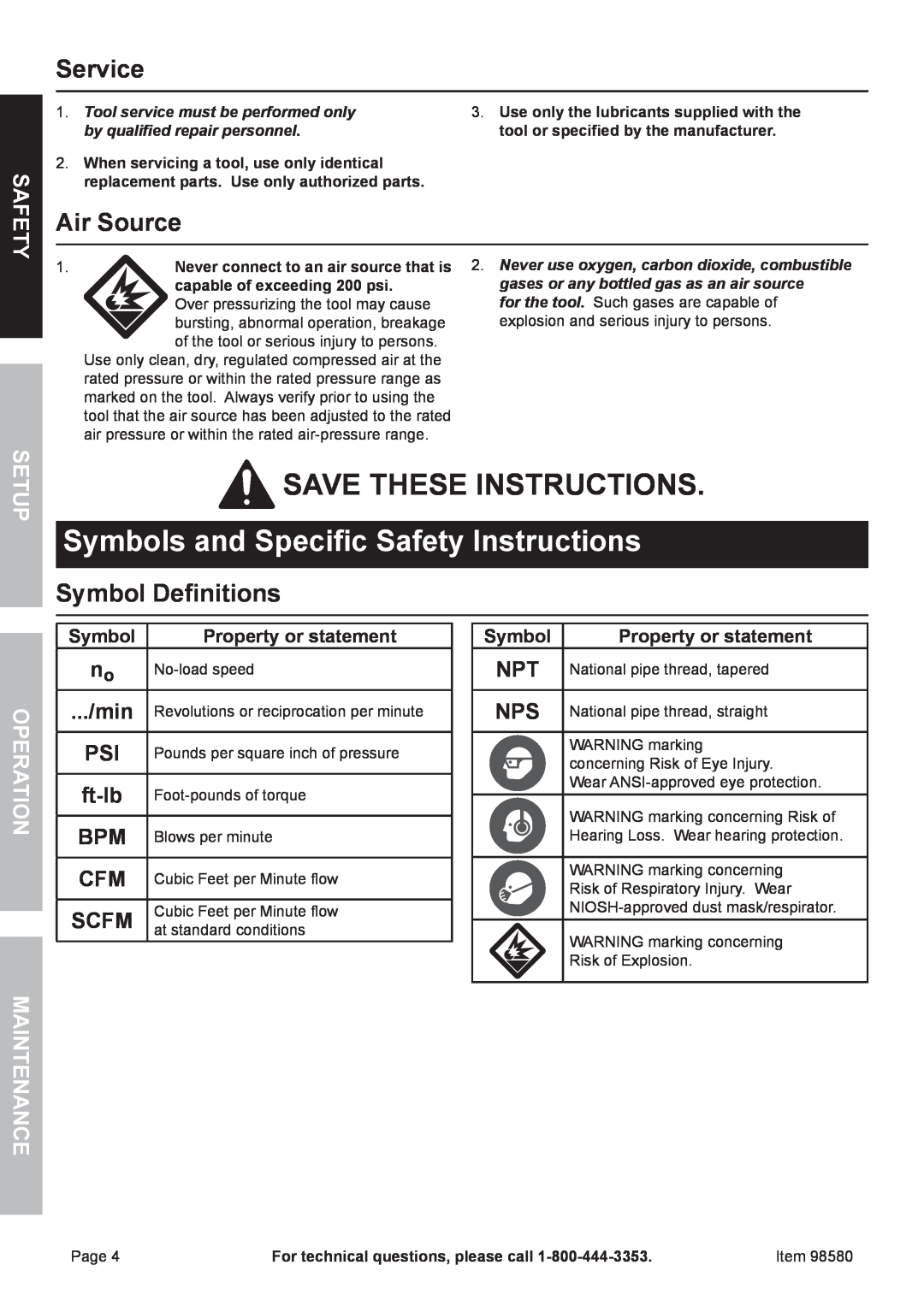 United States Pumice Company 98580 Save these instructions. Symbols and Specific Safety Instructions, Service, Air Source 