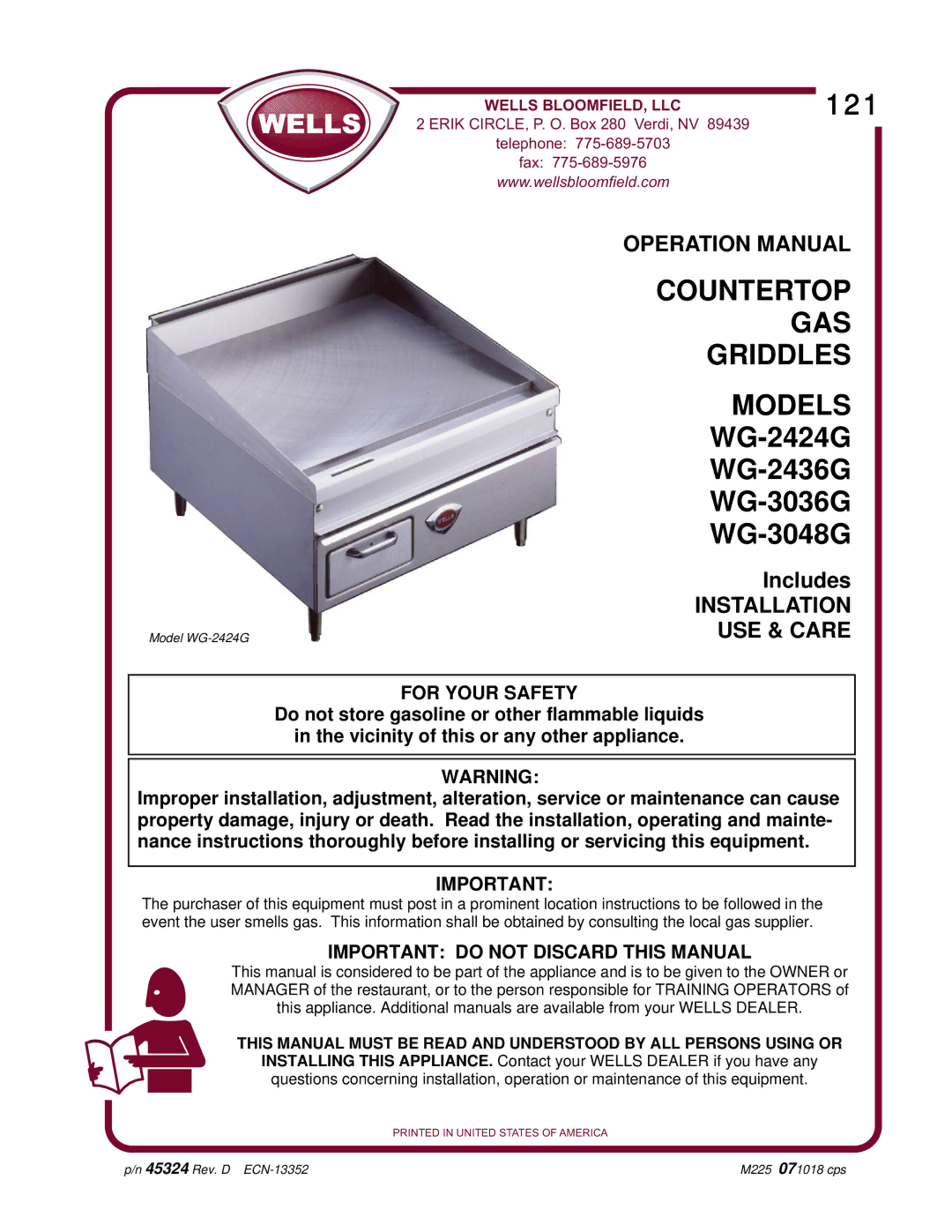 United States Pumice Company WG-3036G, WG-2424G, WG-2436G, WG-3048G manual Countertop GAS Griddles Models 