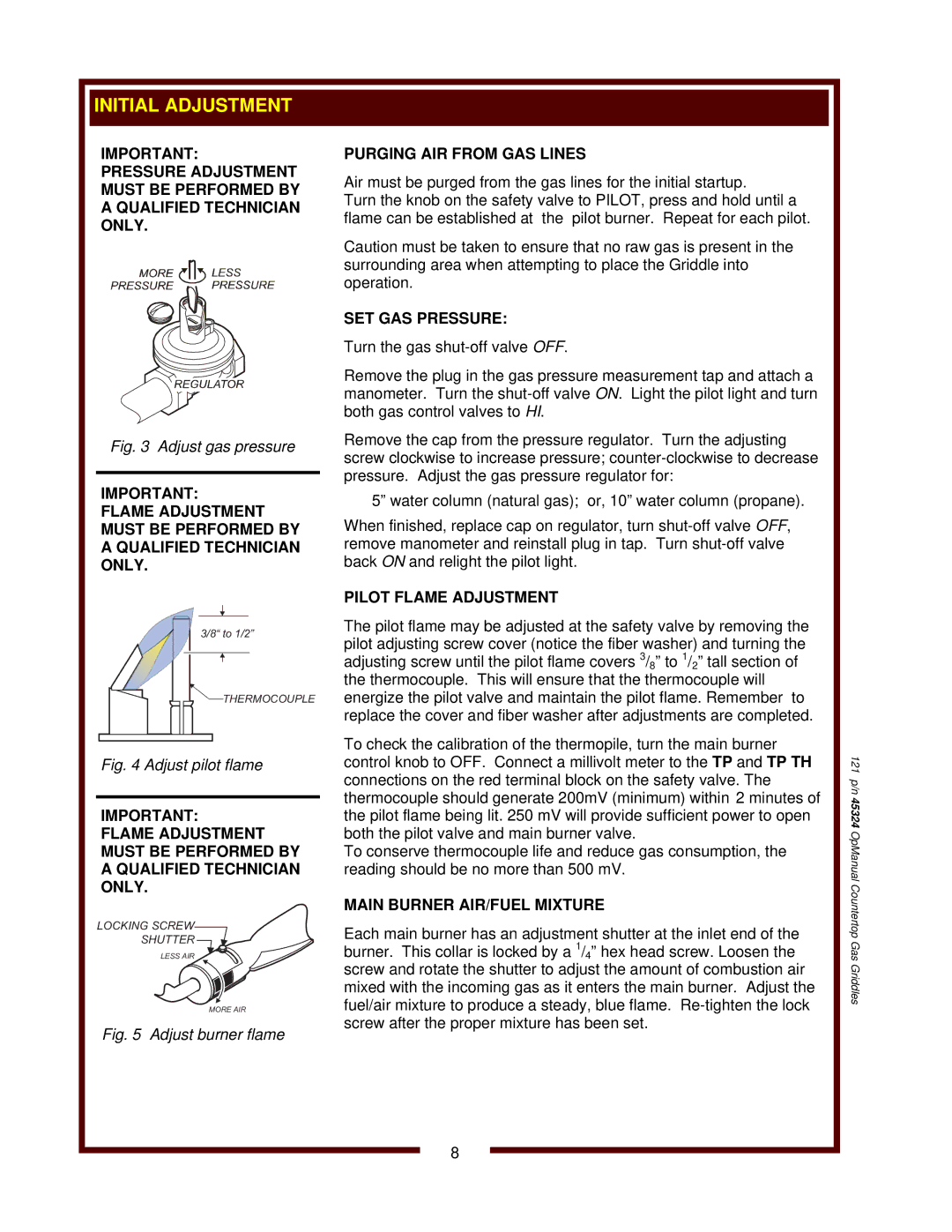 United States Pumice Company WG-2436G, WG-2424G, WG-3036G, WG-3048G manual Adjust gas pressure 