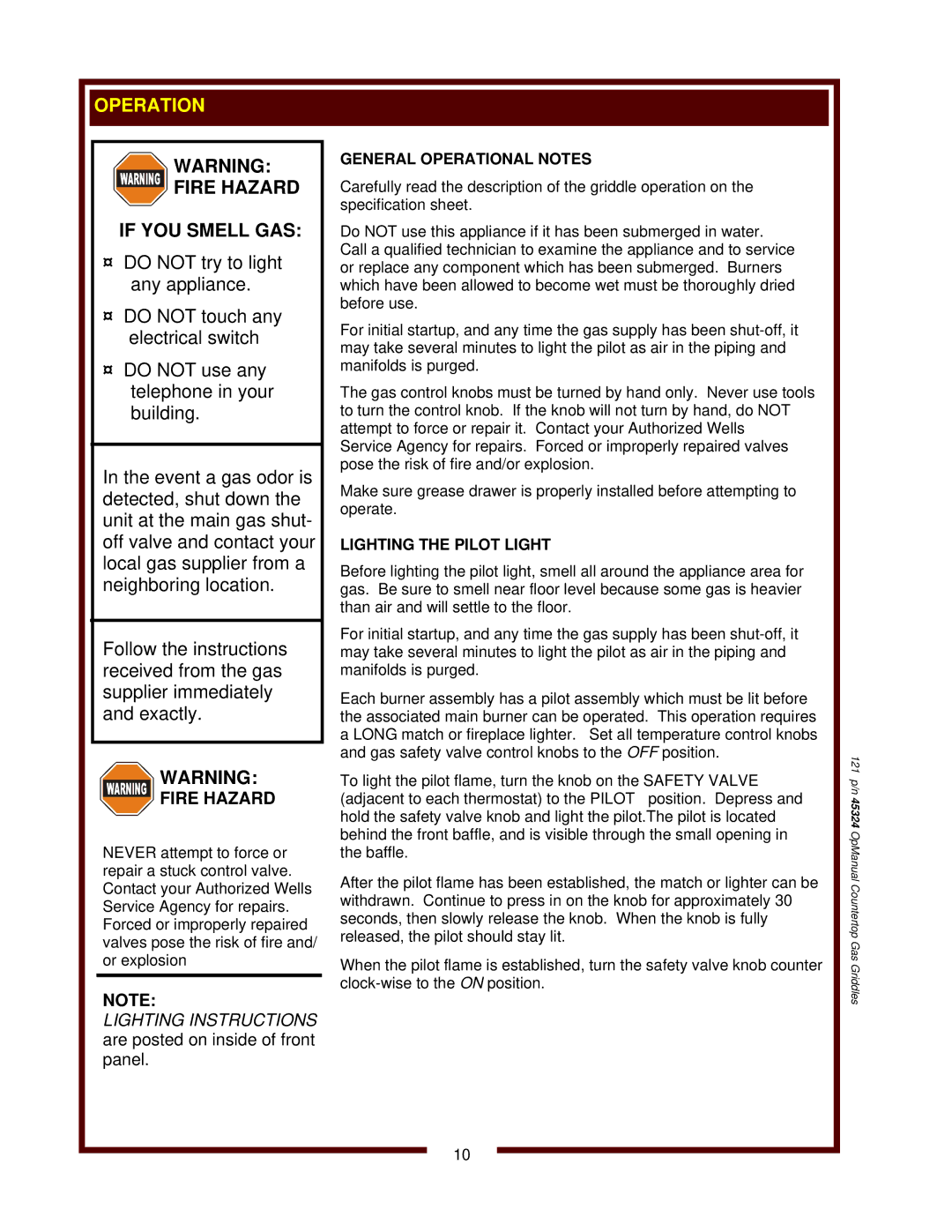 United States Pumice Company WG-2424G, WG-3036G, WG-2436G manual Lighting Instructions are posted on inside of front panel 