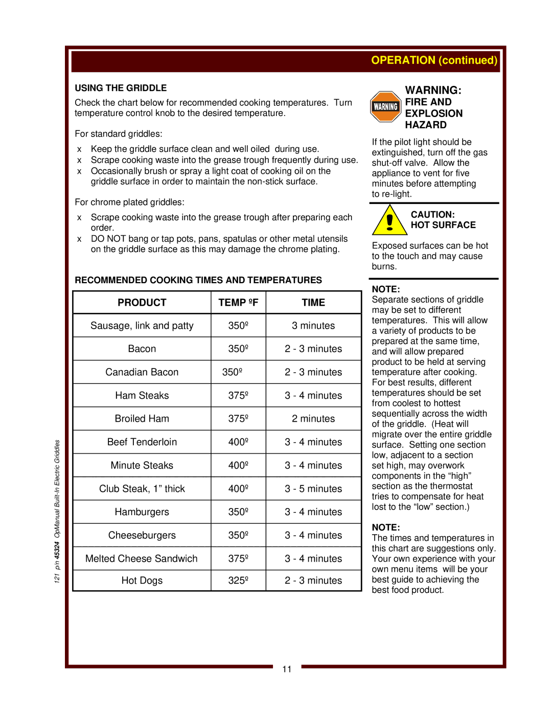 United States Pumice Company WG-3036G, WG-2424G, WG-2436G Using the Griddle, Recommended Cooking Times and Temperatures 