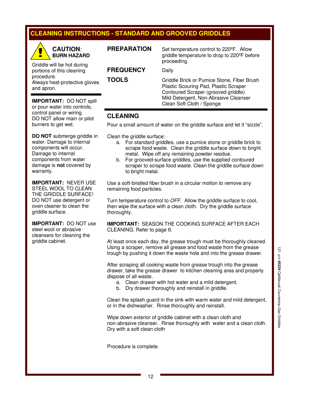 United States Pumice Company WG-2436G, WG-2424G, WG-3036G Cleaning Instructions Standard and Grooved Griddles, Burn Hazard 