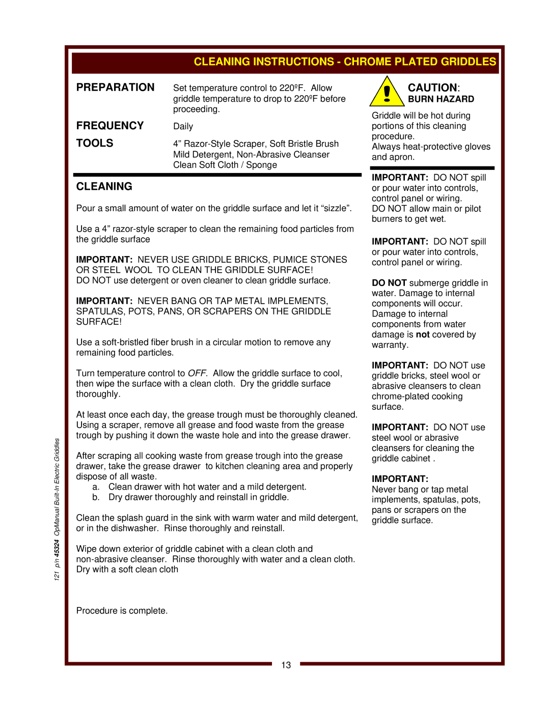 United States Pumice Company WG-3048G, WG-2424G, WG-3036G, WG-2436G manual Cleaning Instructions Chrome Plated Griddles 