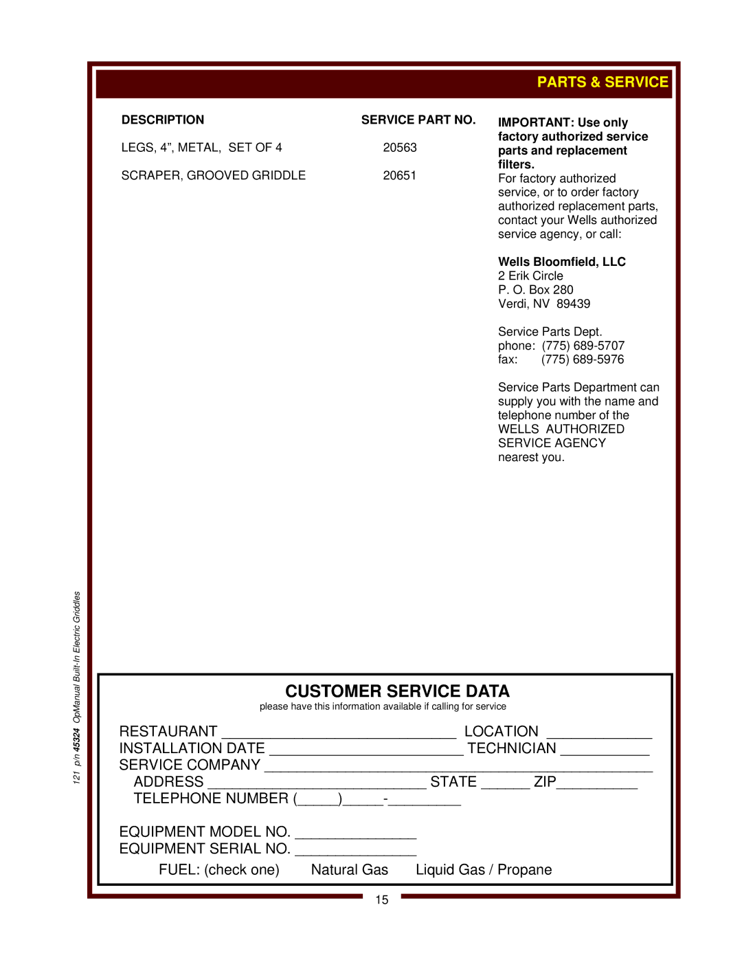 United States Pumice Company WG-3036G, WG-2424G, WG-2436G, WG-3048G manual Parts & Service, Description Service Part no 