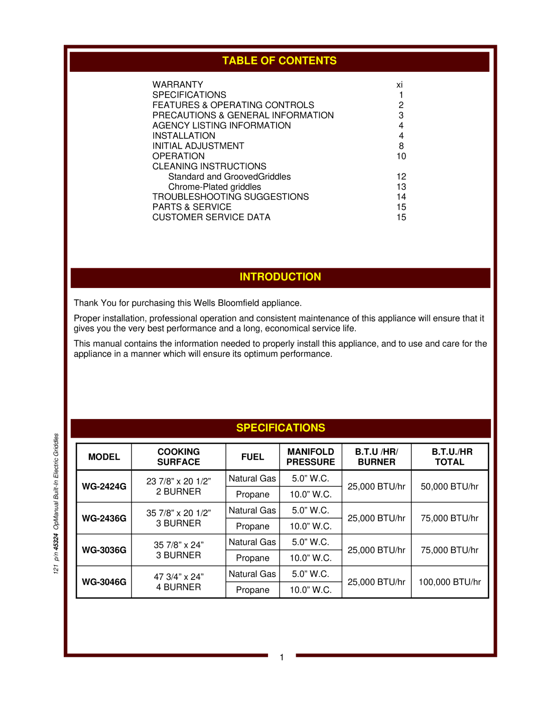 United States Pumice Company WG-3048G, WG-2424G, WG-3036G, WG-2436G manual Table of Contents, Introduction, Specifications 