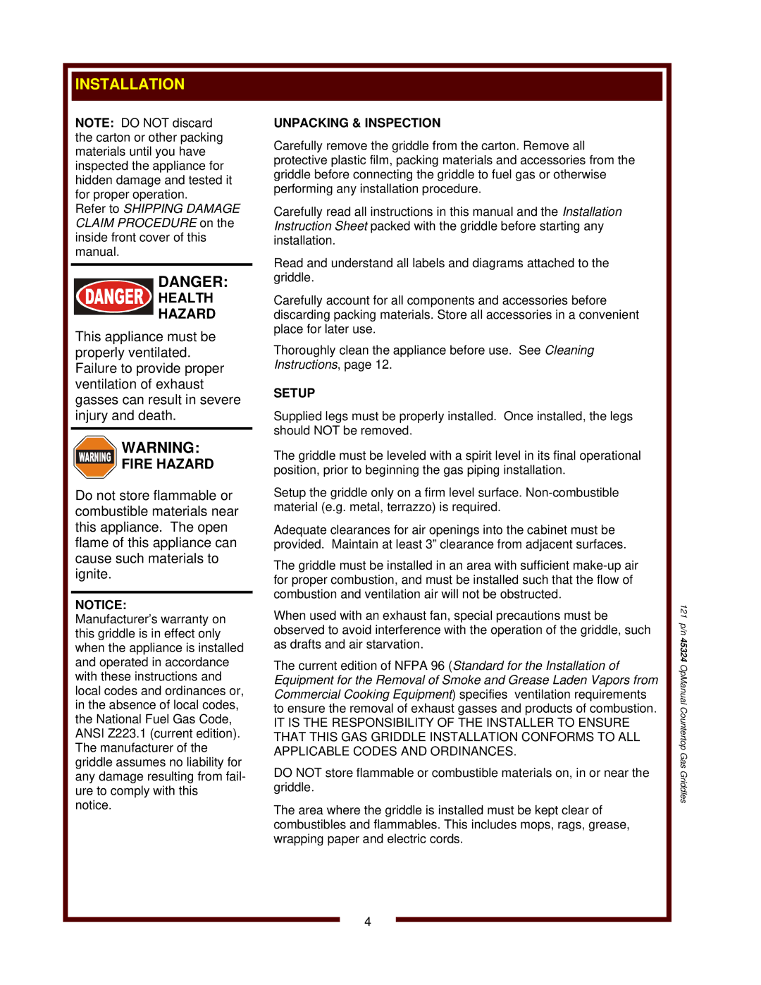 United States Pumice Company WG-2436G, WG-2424G, WG-3036G, WG-3048G manual 121 p/n 45324 OpManual Countertop Gas Griddles 