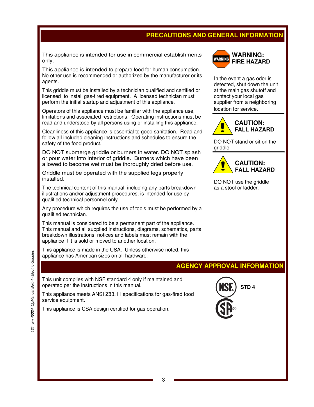 United States Pumice Company WG-3036G manual Agency Approval Information, 121 p/n 45324 OpManual Built-In Electric Griddles 