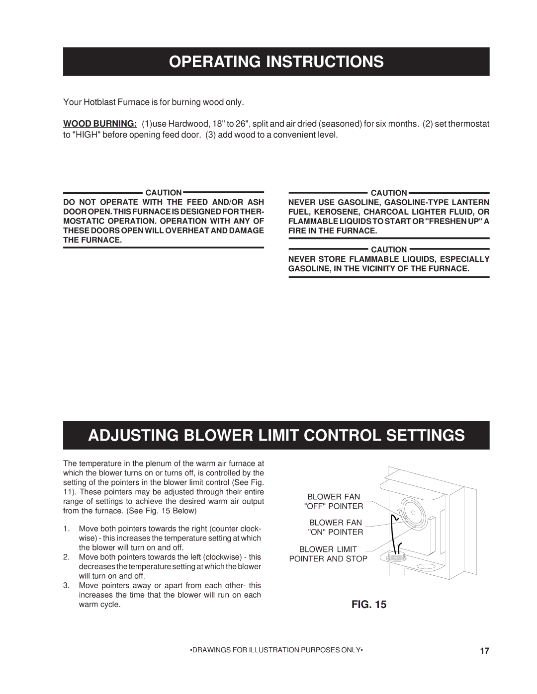 United States Stove 1200G owner manual Operating Instructions, Adjusting Blower Limit Control Settings 