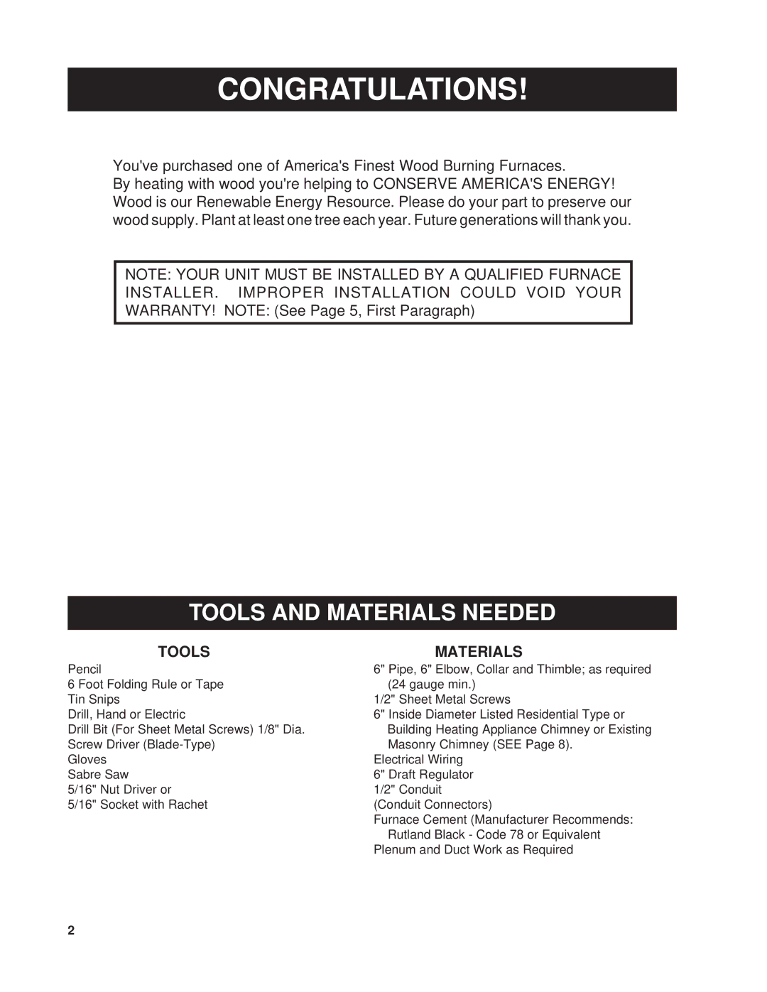 United States Stove 1200G owner manual Congratulations, Tools and Materials Needed 