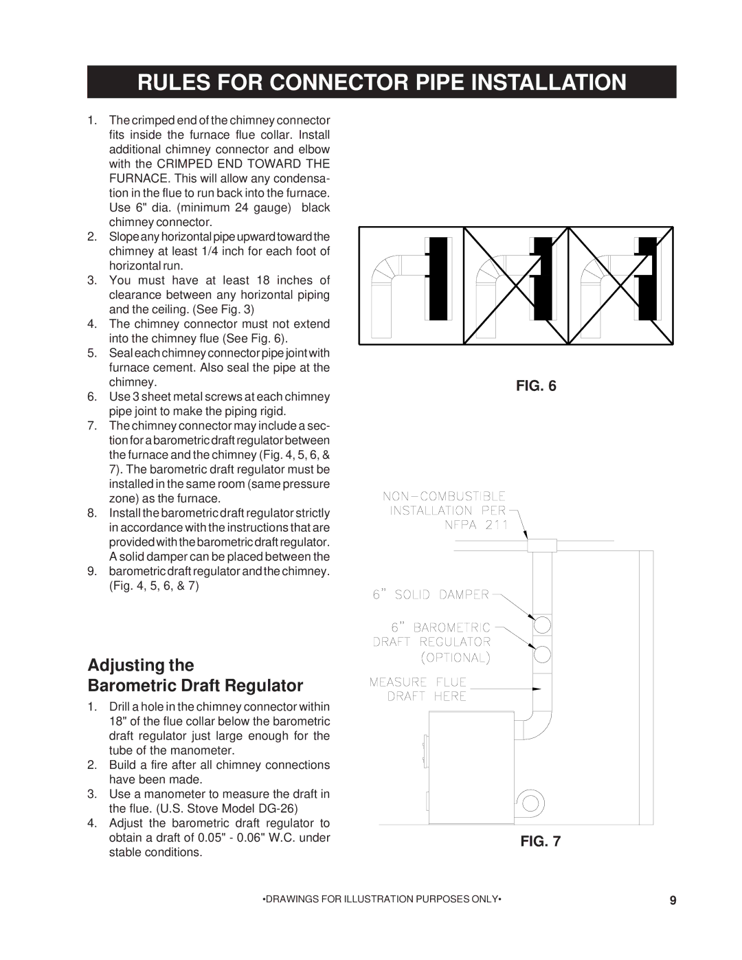 United States Stove 1200G owner manual Rules for Connector Pipe Installation, Adjusting Barometric Draft Regulator 