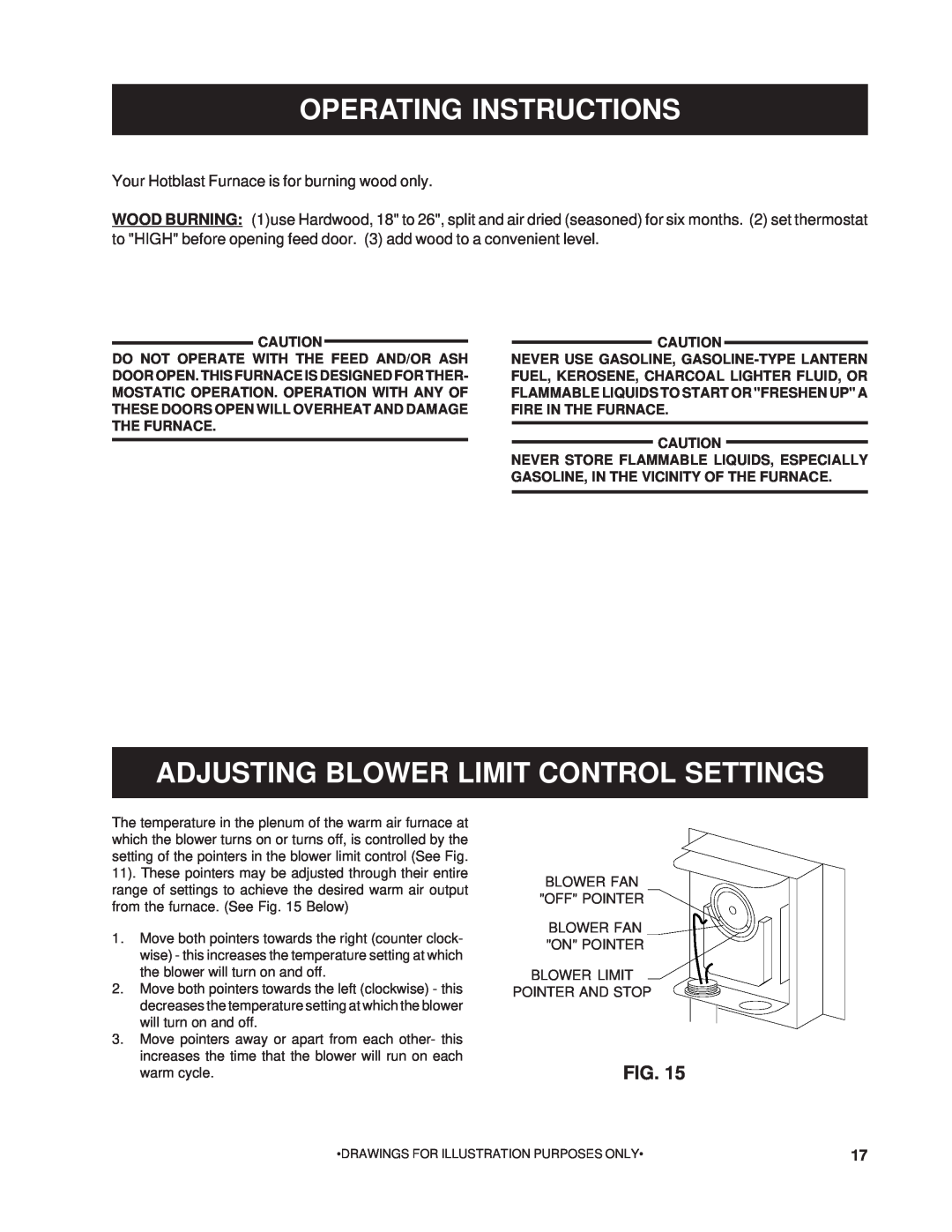 United States Stove 1200G owner manual Operating Instructions, Adjusting Blower Limit Control Settings 