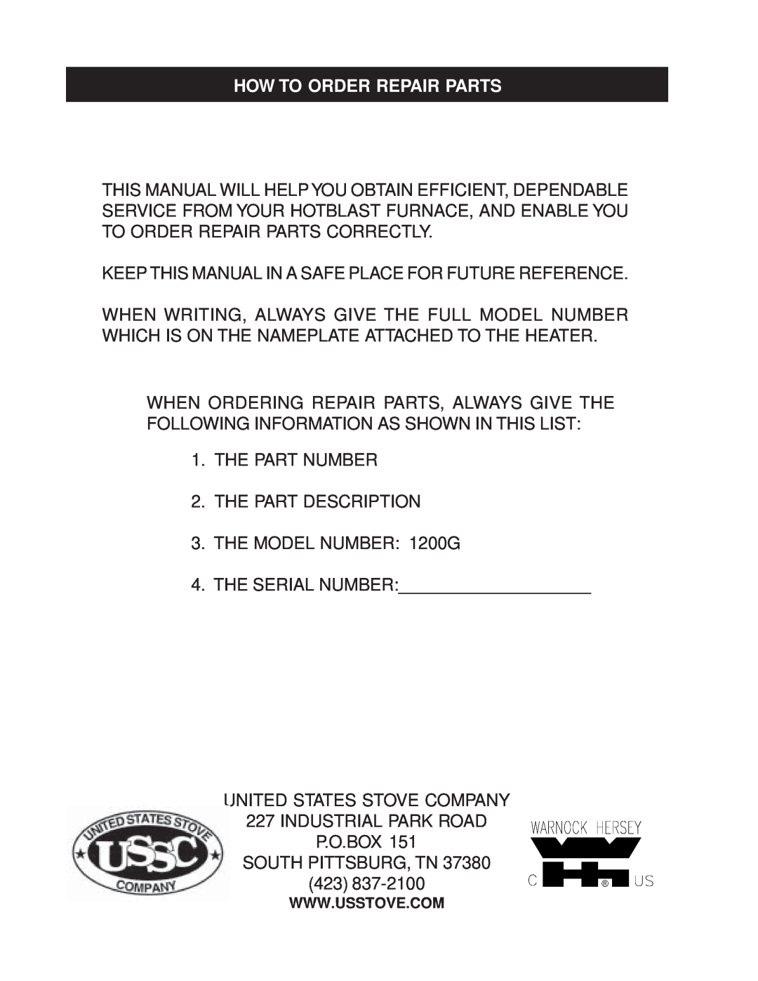 United States Stove 1200G owner manual How To Order Repair Parts 