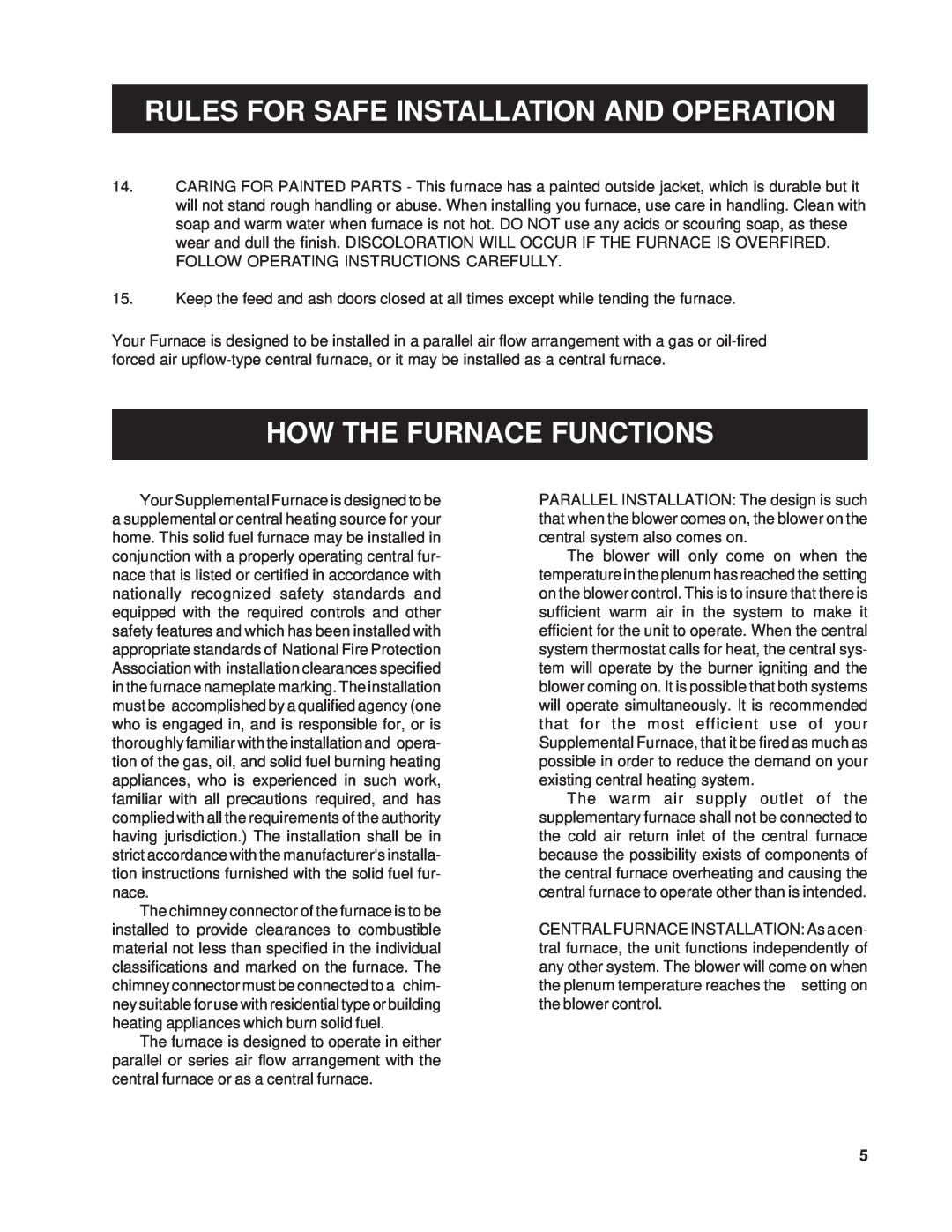 United States Stove 1200G owner manual How The Furnace Functions, Rules For Safe Installation And Operation 