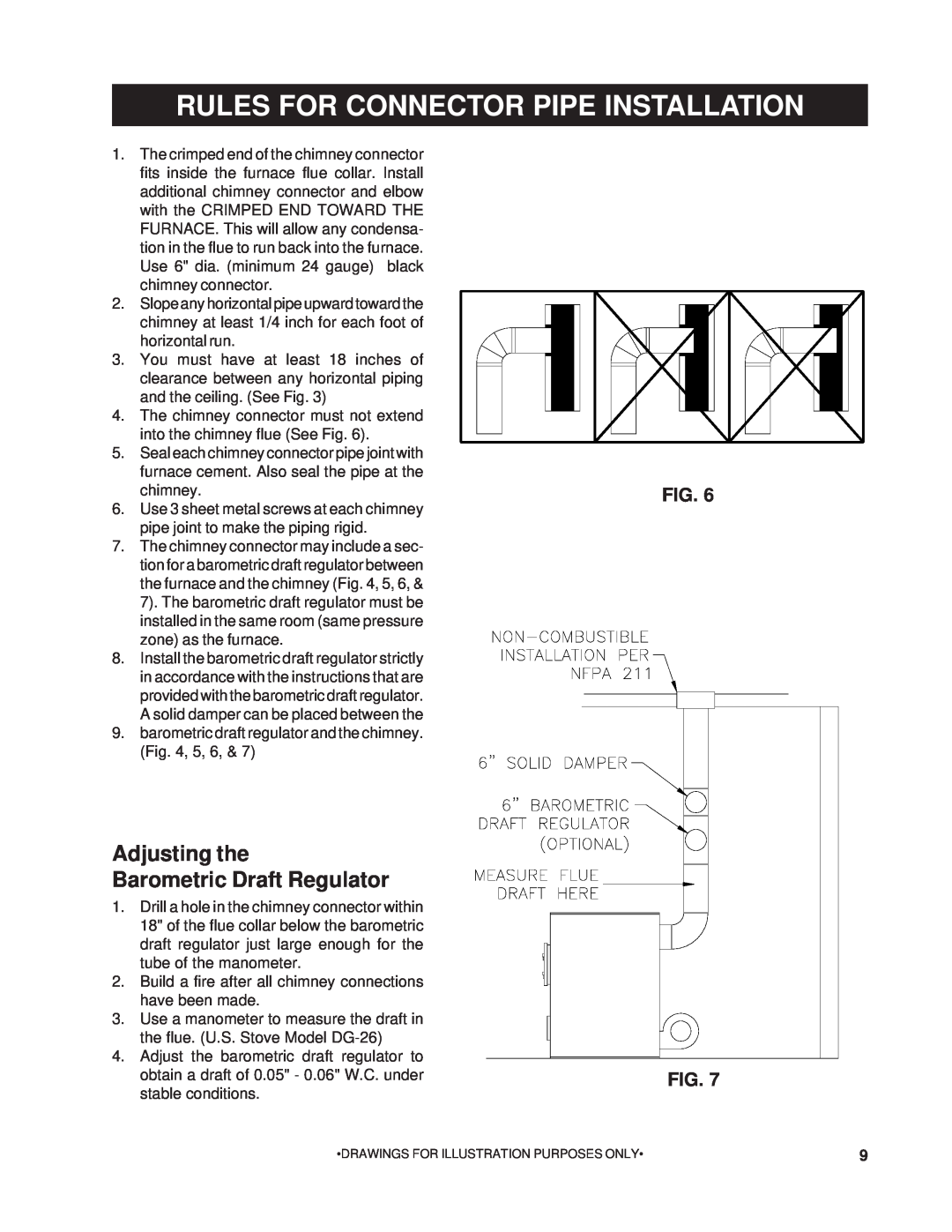 United States Stove 1200G Rules For Connector Pipe Installation, Adjusting the Barometric Draft Regulator, Fig. Fig 