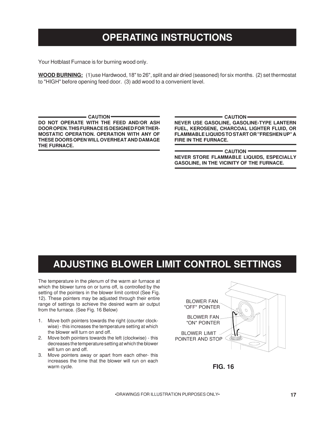 United States Stove 1200Q owner manual Operating Instructions, Adjusting Blower Limit Control Settings 