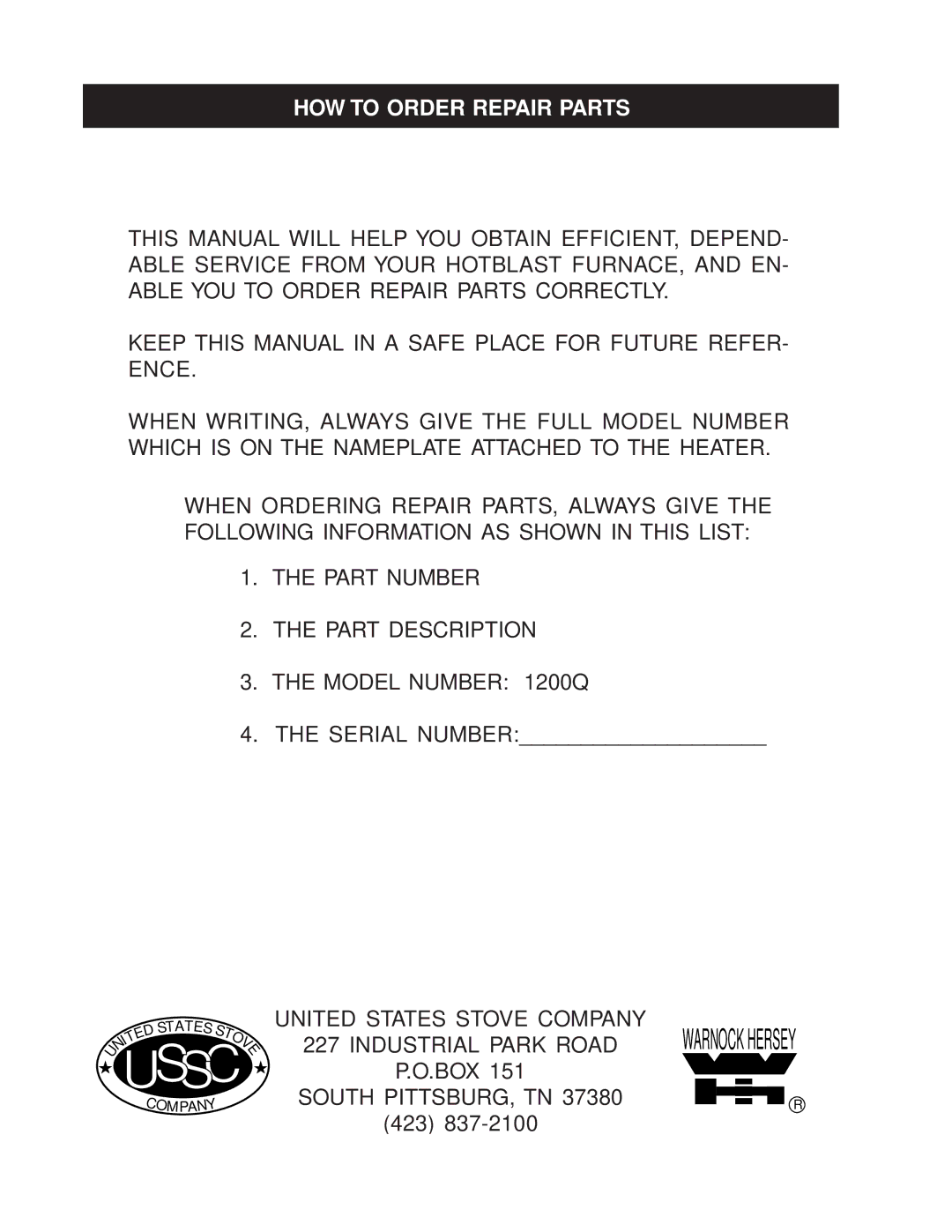 United States Stove 1200Q owner manual Ussc 