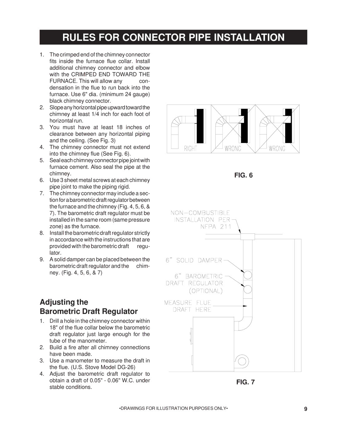 United States Stove 1200Q owner manual Rules for Connector Pipe Installation, Adjusting Barometric Draft Regulator 