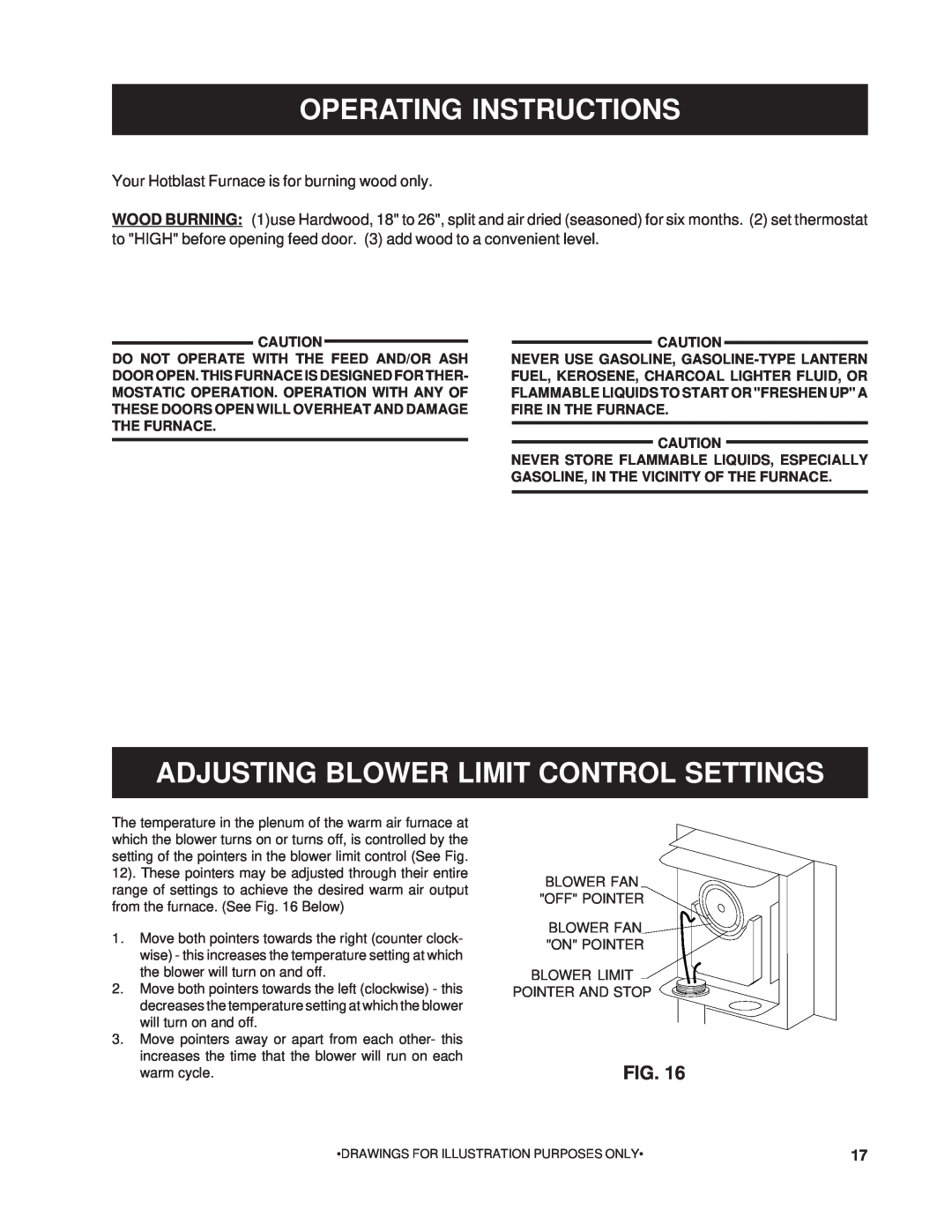 United States Stove 1200Q owner manual Operating Instructions, Adjusting Blower Limit Control Settings, Fig 