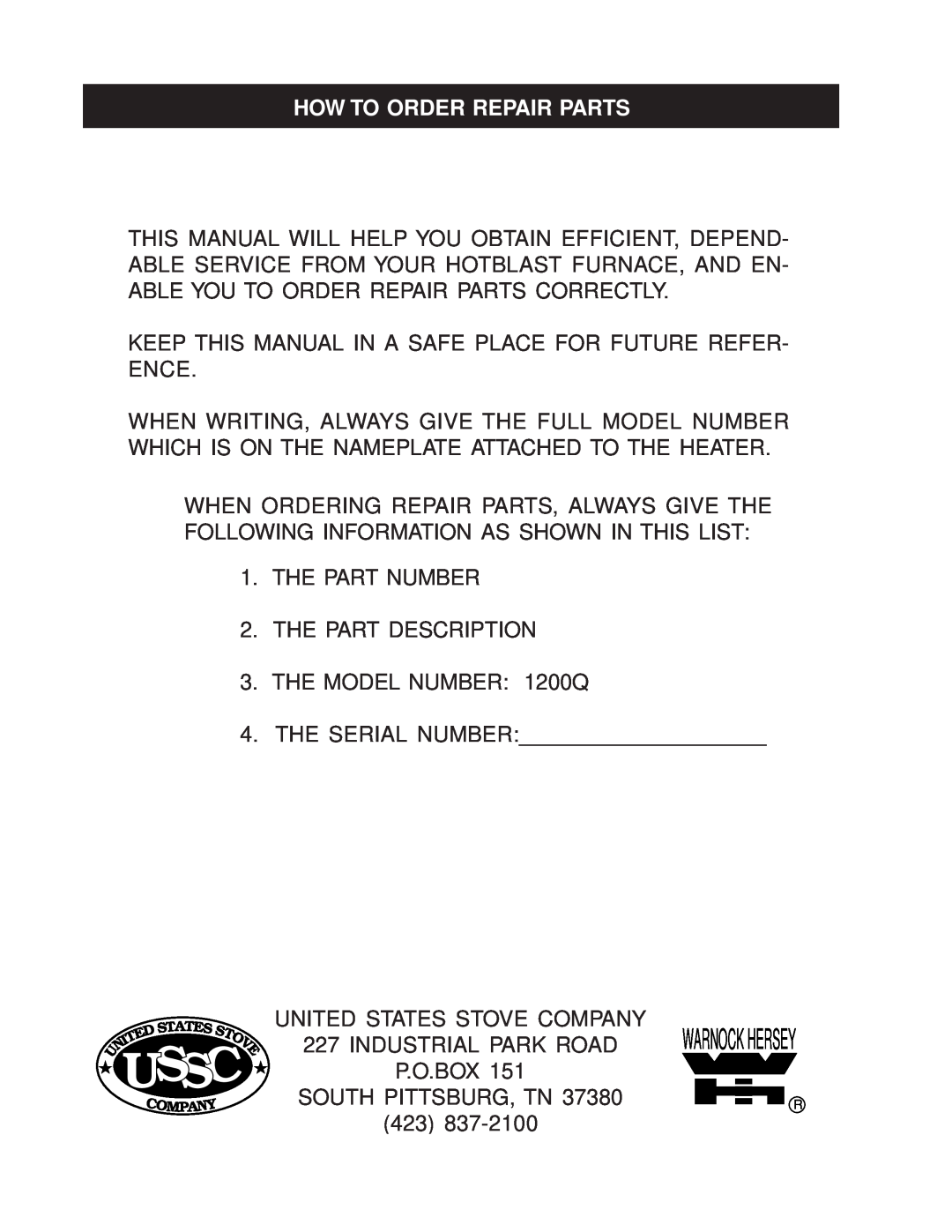 United States Stove 1200Q owner manual How To Order Repair Parts, Ussc 