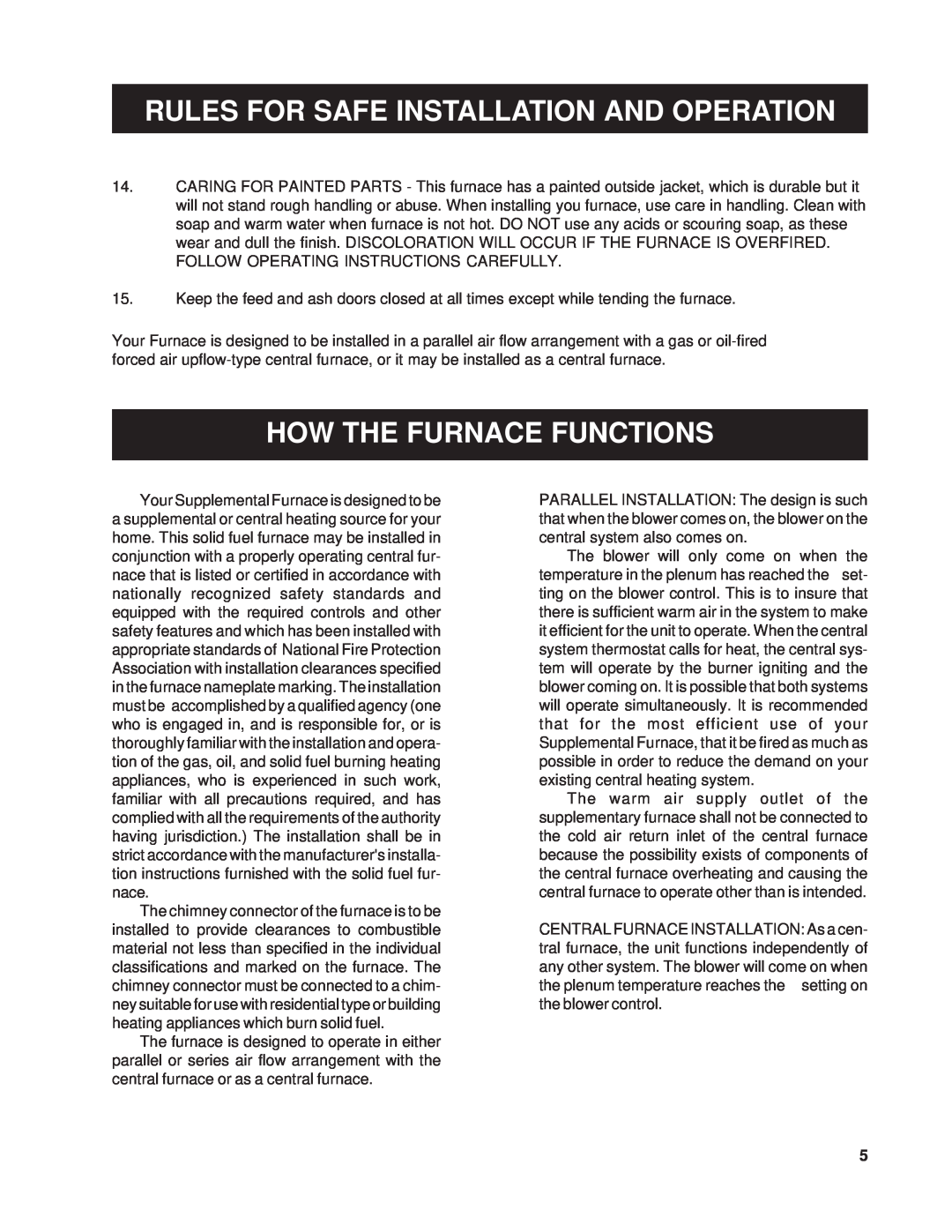 United States Stove 1200Q owner manual How The Furnace Functions, Rules For Safe Installation And Operation 