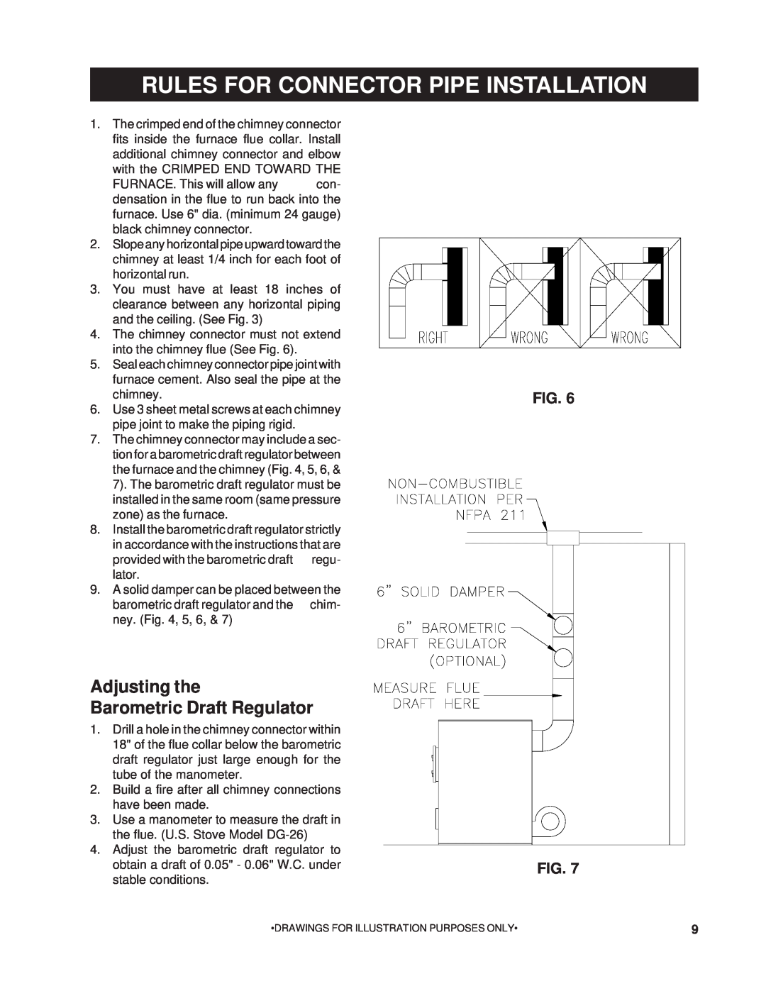 United States Stove 1200Q Rules For Connector Pipe Installation, Adjusting the Barometric Draft Regulator, Fig. Fig 
