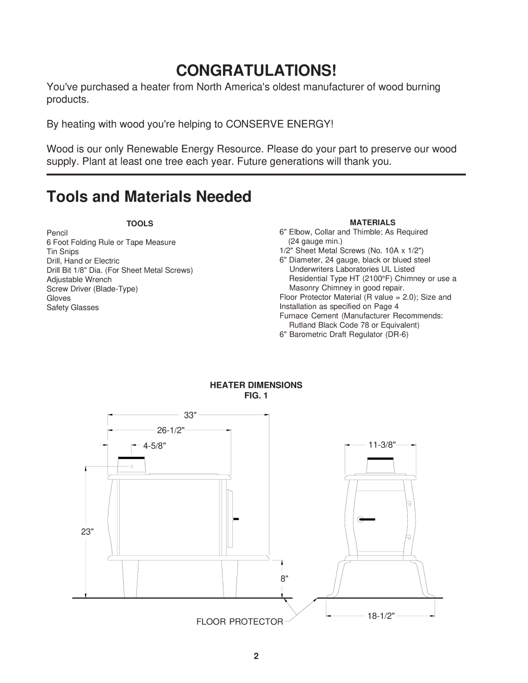 United States Stove 1261 owner manual Tools and Materials Needed 