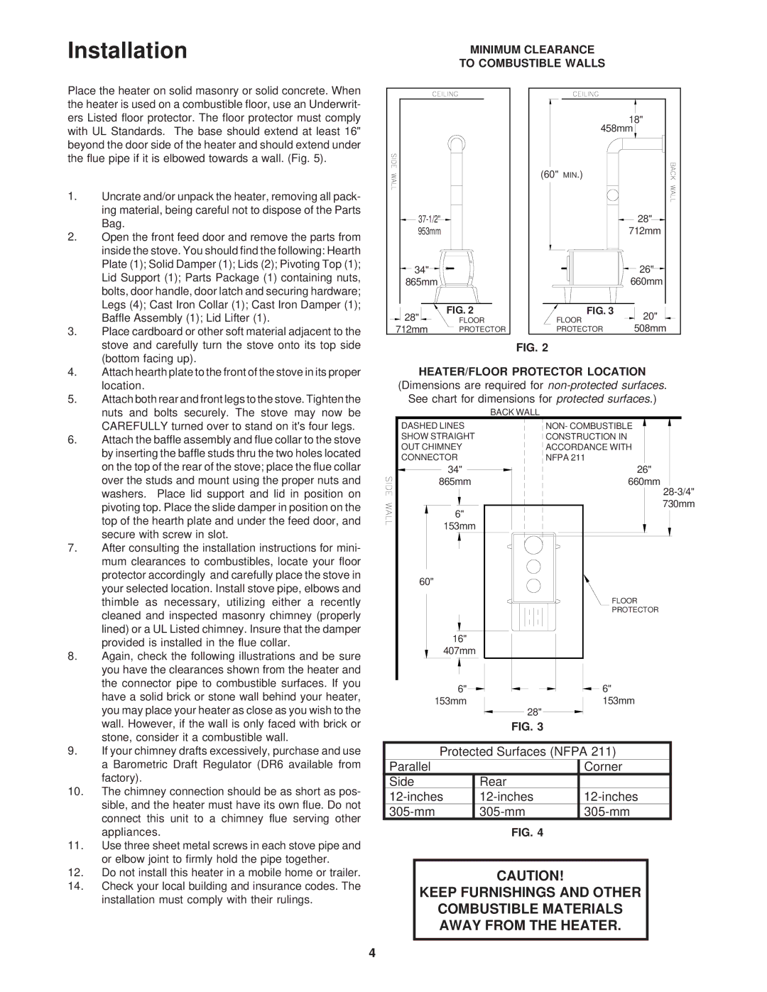 United States Stove 1261 owner manual Installation, Minimum Clearance To Combustible Walls, HEATER/FLOOR Protector Location 