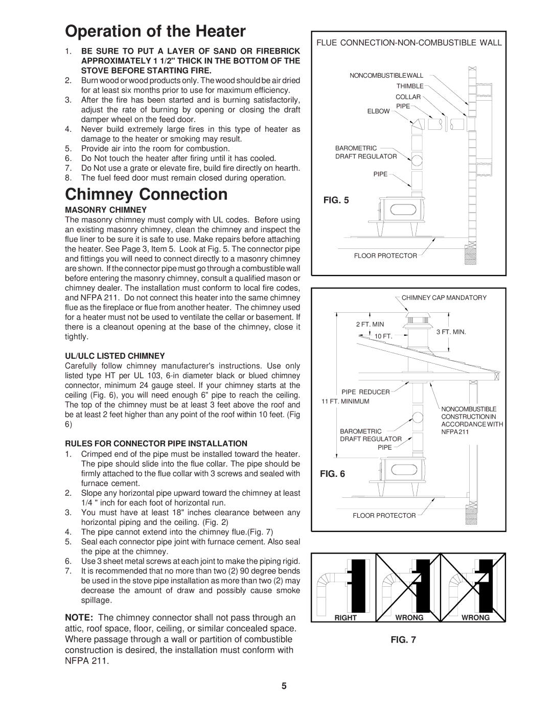 United States Stove 1261 owner manual Operation of the Heater, Chimney Connection 